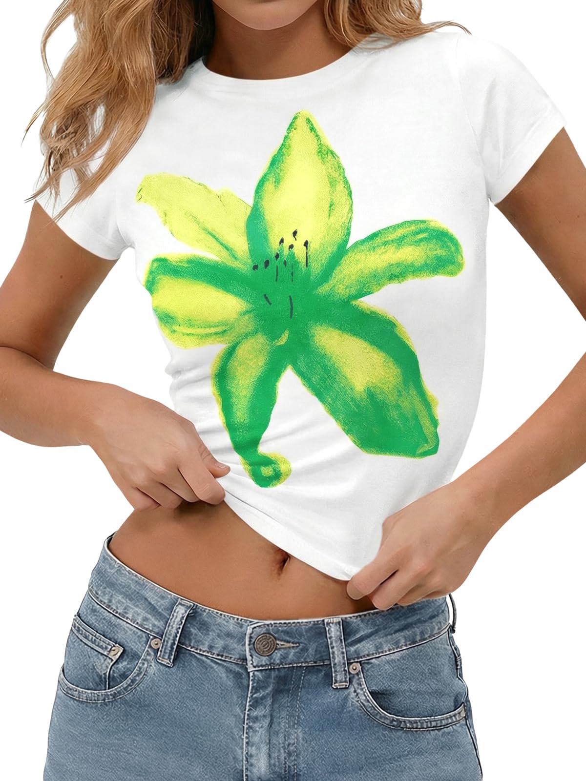 Tankaneo Womens Baby Tee Y2K Tops Summer Short Sleeve Graphic T Shirts | Floral Print, Crop Tops, Cotton, Short Sleeve, Slim Fit, Basic Tees