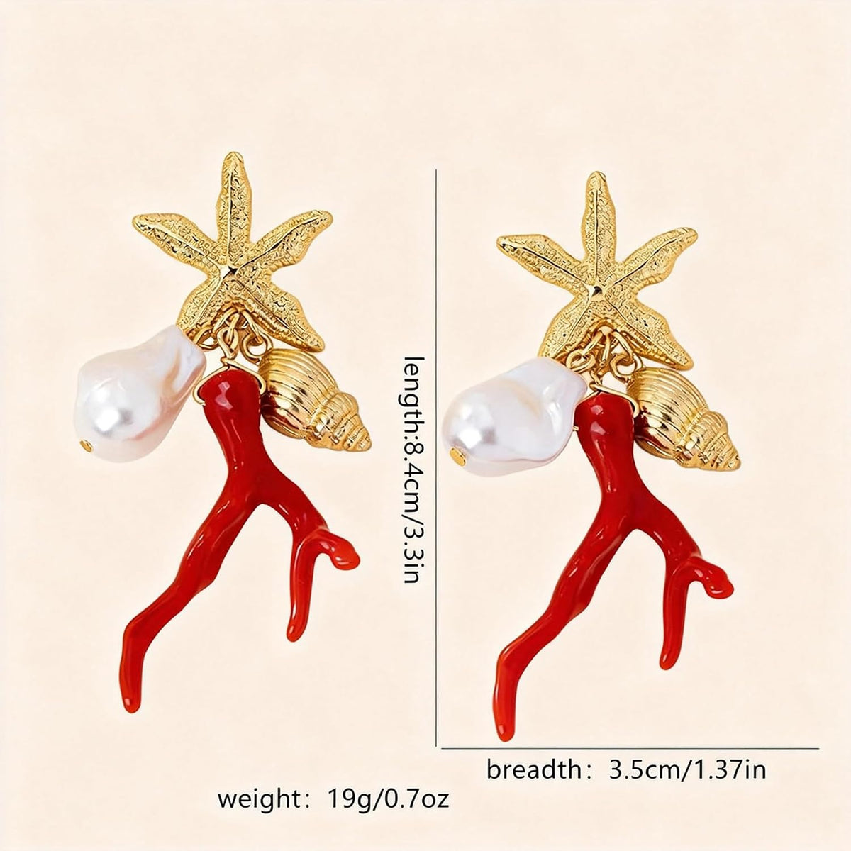 Starfish Coral Pearl Earrings for Women, Gold Beach Dangle Earrings with Shell Star Design, Summer Boho Statement Jewelry, Ocean Vacation Accessories Gift