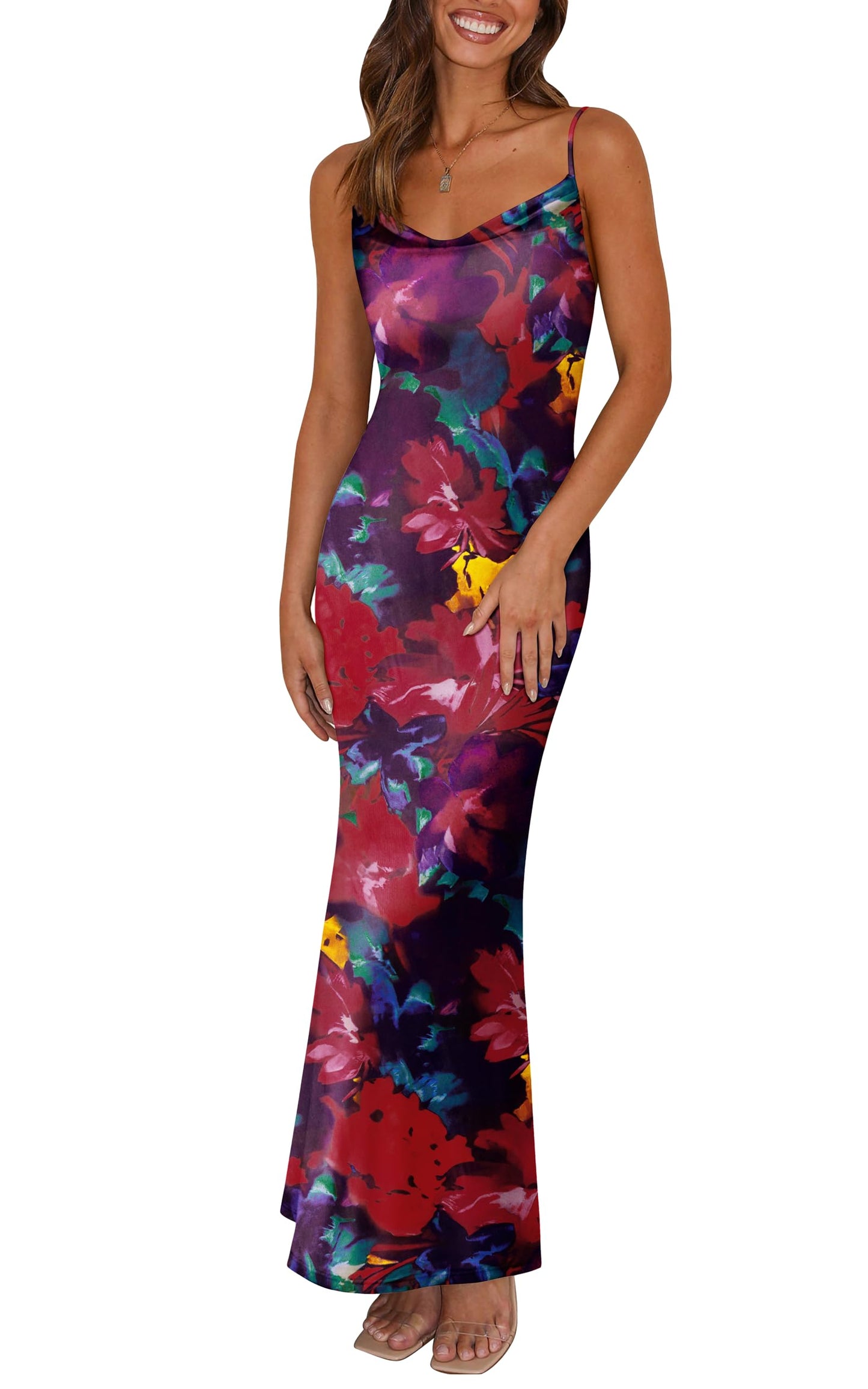 PRETTYGARDEN Women's 2026 Summer Floral Spaghetti Strap Maxi Dress Stretch Sexy Bodycon Dress Backless Slip Long Dresses