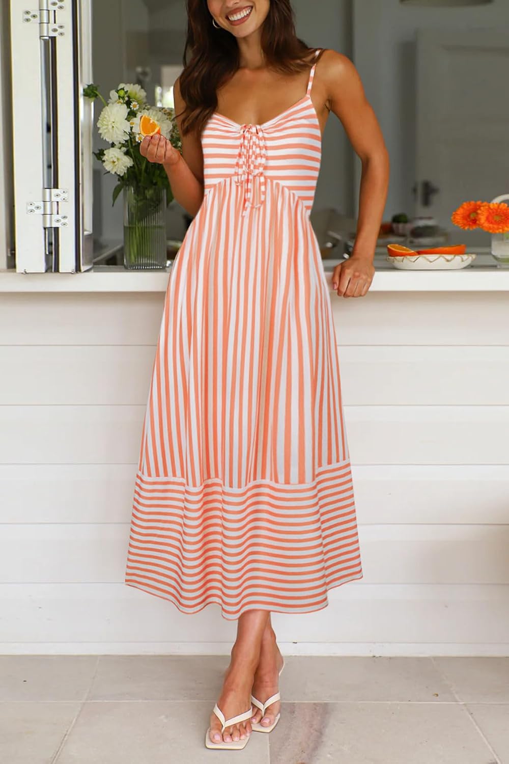 Fashionme 2026 Women Summer Boho Maxi Dresses Vacation Beach with Pockets | Striped,Sleeveless Back Shirred Beach Long Sundresses, A Line Spaghetti Strap,Back Tie V Neck,Trendy,Soft Knit Dress, S-XL