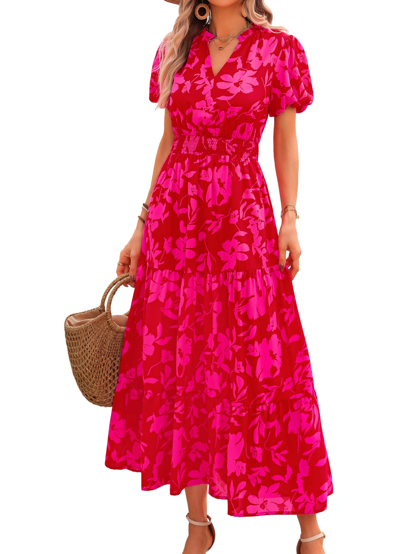 MASCOMODA Summer Maxi Dresses for Women 2026 Short Sleeve Long Floral Dress | Puff Sleeve, Casual V Neck, Smocked Waist, Tiered Ruffle Hem, A line Boho Dresses, Elegant Beach Flowy Long Dress Spring