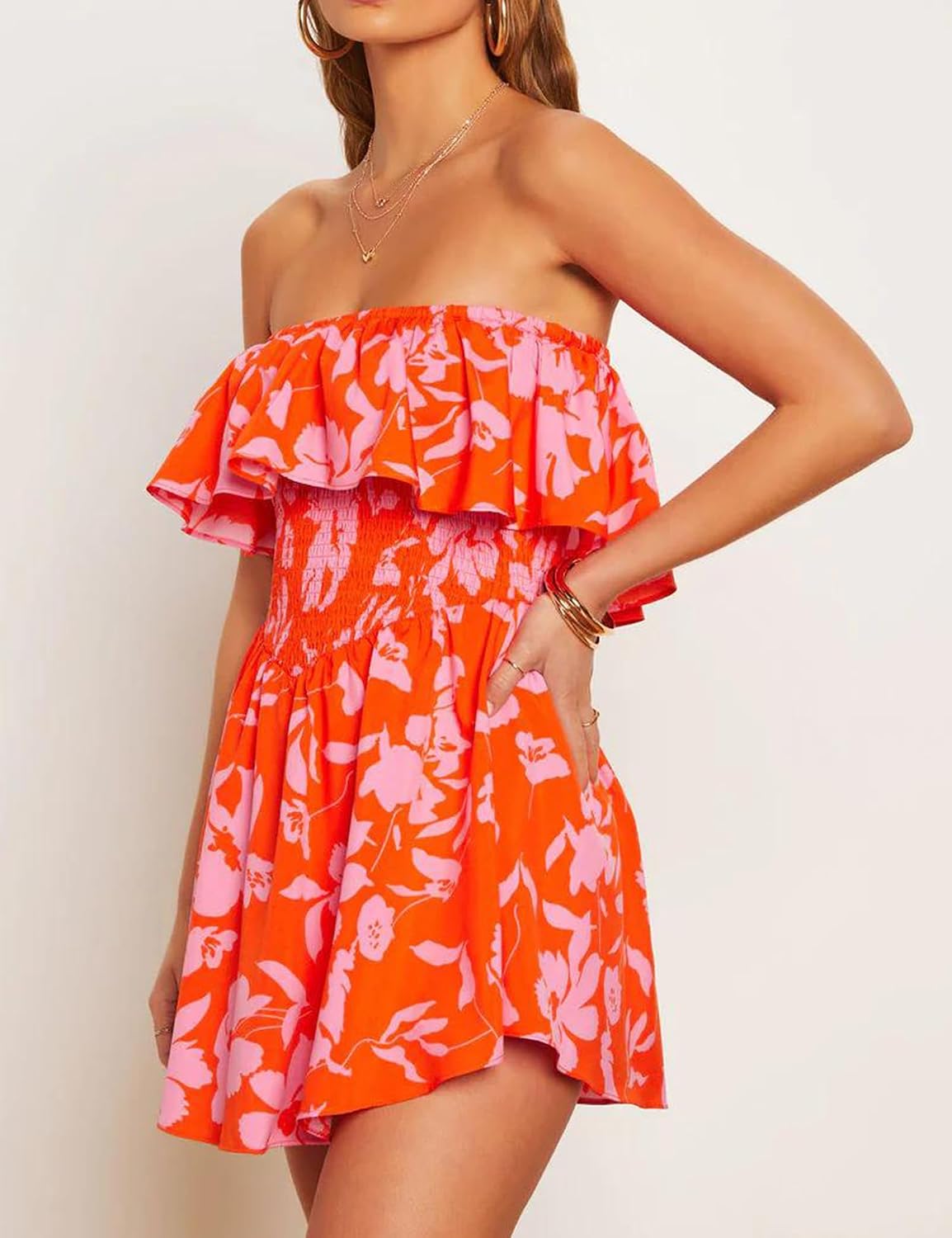 AIMCOO Women's Rompers Summer Strapless Floral Print Off Shoulder Boho Flowy Ruffle Hem Shorts Jumpsuit with Pocket