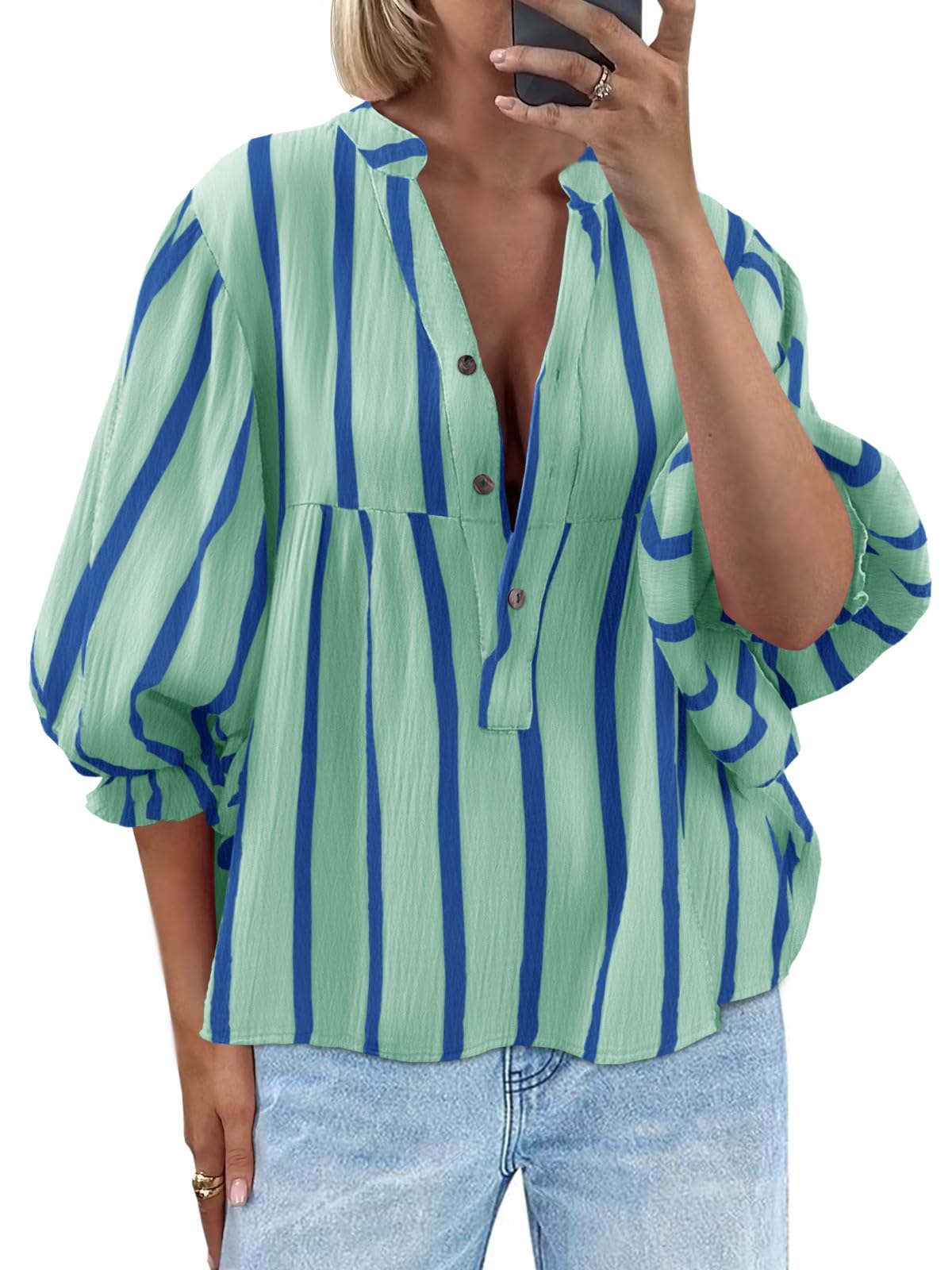 Tankaneo Womens Puff Sleeve Summer Babydoll Tops Cute V Neck Striped Blouse | Casual, Loose Fit, Flowy Shirts, Button, Boho, Work, Dressy, Peplum Blouses