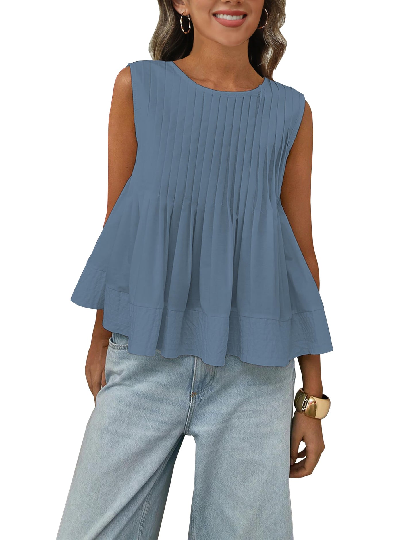 Megfie Womens Summer Pleated Peplum Sleeveless Blouse Tank Tops Round Neck Y2K Babydoll Blouse Shirt