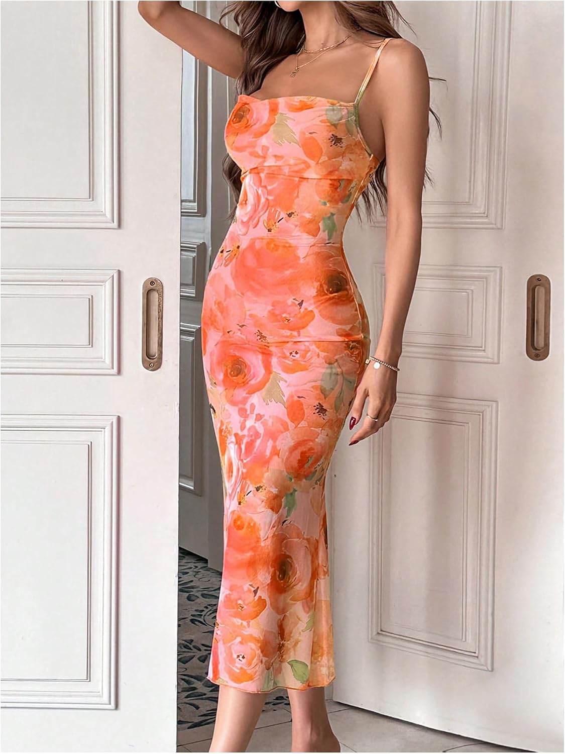 GORGLITTER Women's Floral Wedding Guest Bridal Shower Cocktail Midi Dress | Wedding Dresses for Bride, Bridesmaid, Orange Dress Women, Vacation Sunset Beach Outfits Woman