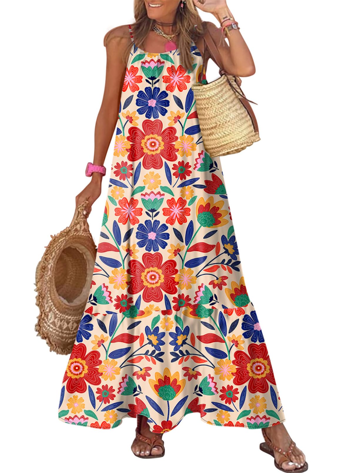 Dokotoo Women Summer Dresses Scoop Neck Ruffle Flowy Boho Maxi Dress | Spaghetti Strap Sundresses,Sleeveless,Beach Vacation Clothes,Ruffle A Line,Casual Boho Printed,Hawaiian Dresses,Wedding Guest