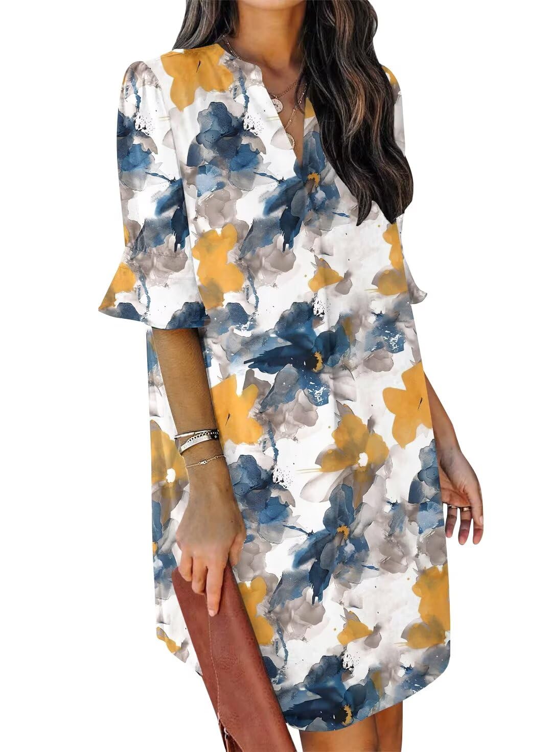 QACOHU Womens Summer Casual V Neck Shift Mini Dress | Flowy Swing Basic Dress, Ruffle Short Sleeve, Floral Boho Style, Wedding Guest Daily Work Clothes, Beach Vacation Outfits
