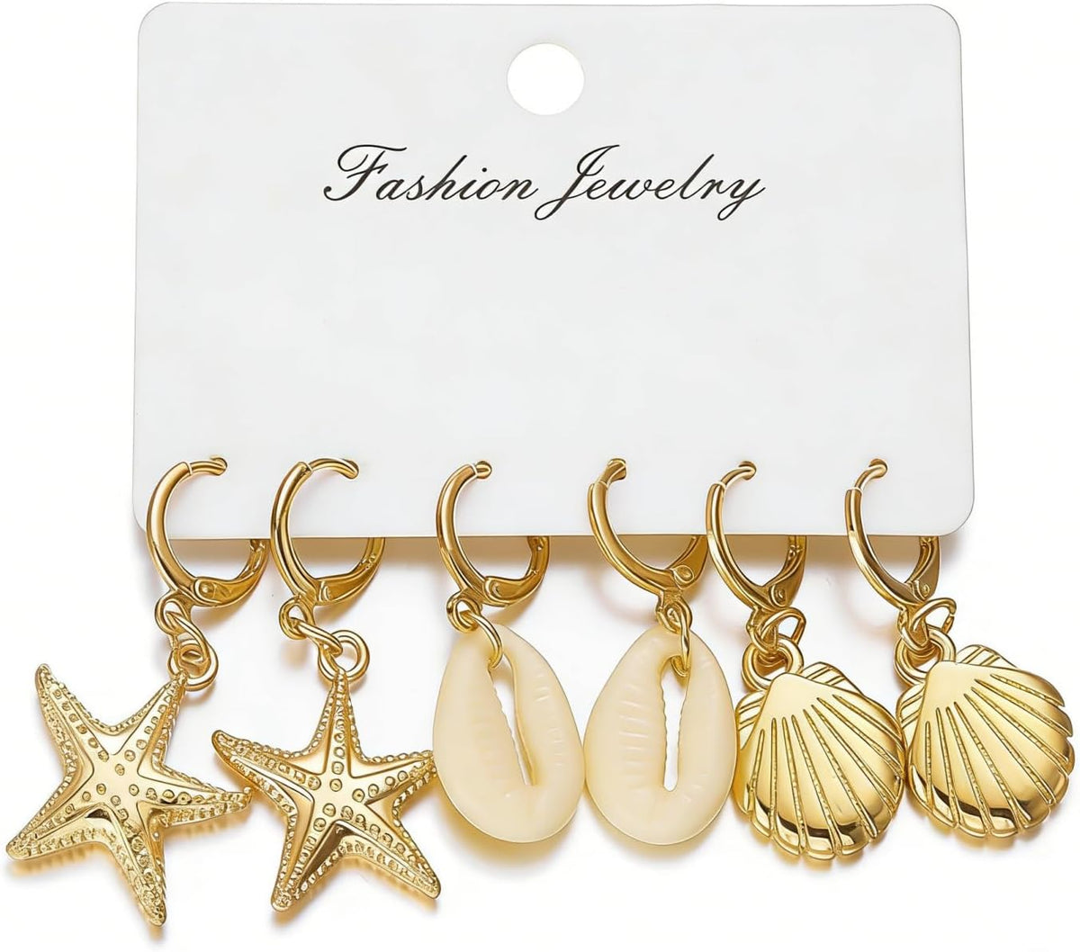 3Pairs Boho Starfish Shell Dangle Drop Earrings Dainty Ocean Theme Seashell Starfish Hoop Earrings for Women Summer Beach Holiday Vacation Outfits Accessories Jewelry Gifts