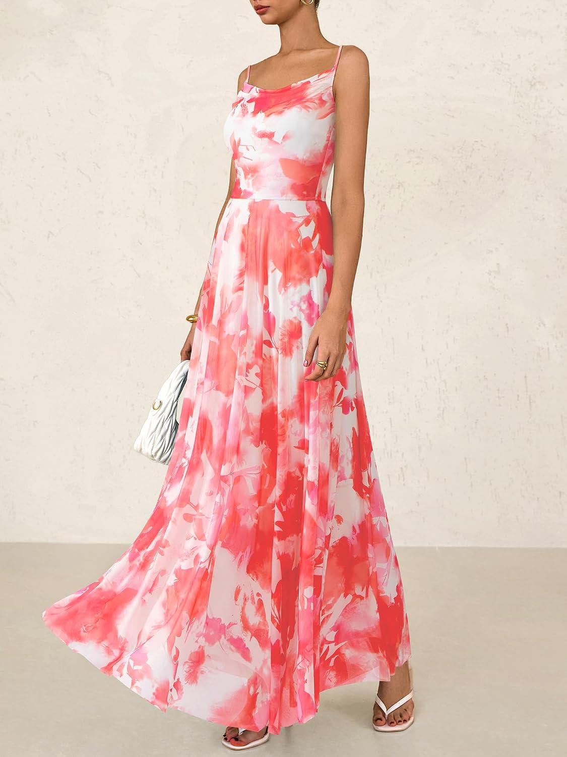 BTFBM Women Summer Maxi Dresses Elegant Wedding Guest Dress | Cowl Neck,Spaghetti Strap,Mesh,Floral,A-Line,Flowy,Party,Cocktail,Homecoming,Graduation,Sundress,Prom,Beach Long Dresses