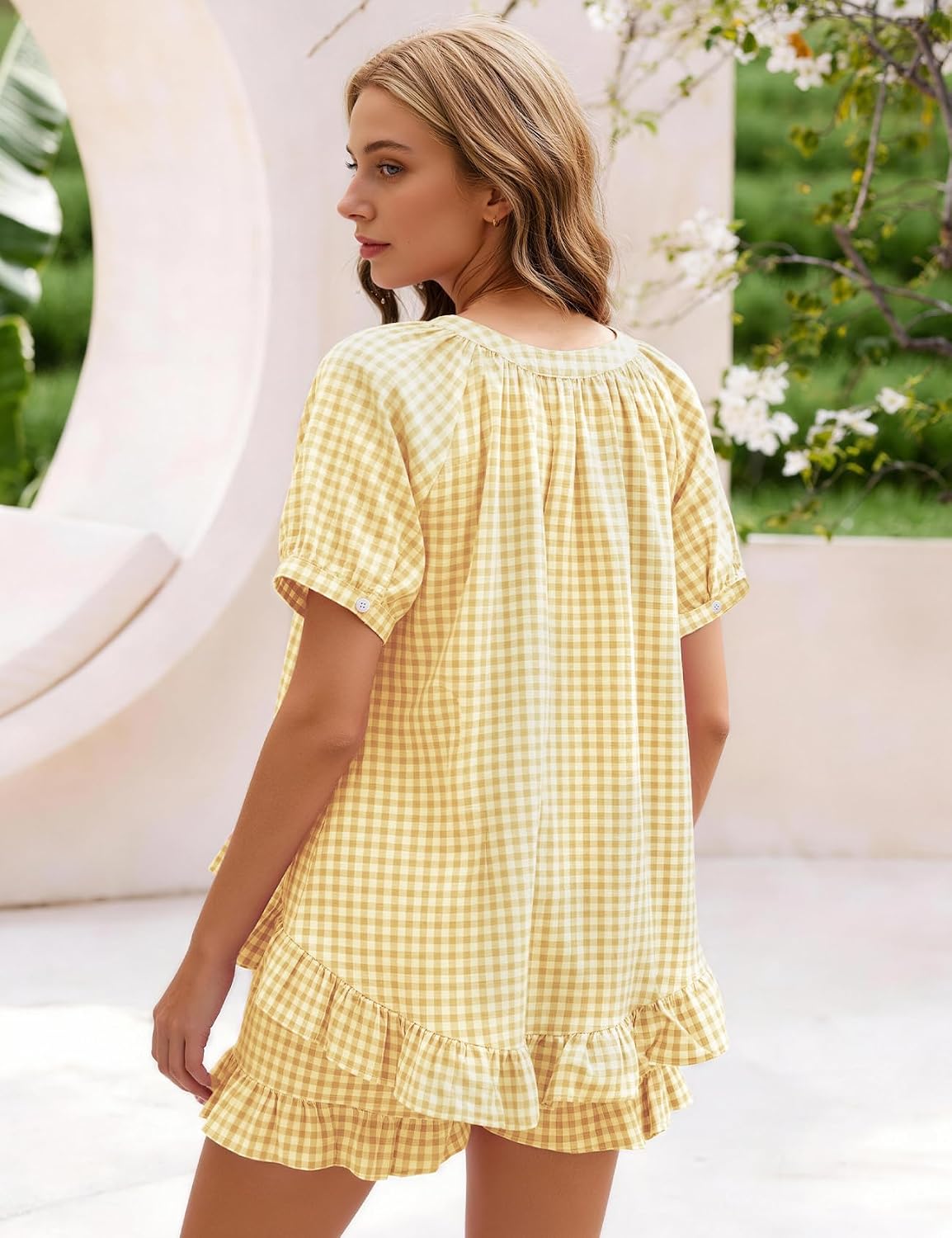 Flygo Cotton Pajamas for Women Gingham Set Lounge Sets | 100% Cotton, Plaid, Babydoll Top, Relaxed Fit, Puff Sleeve, Shorts, Pockets, Summer, Sleepwear, Vacation, Wedding, Parties