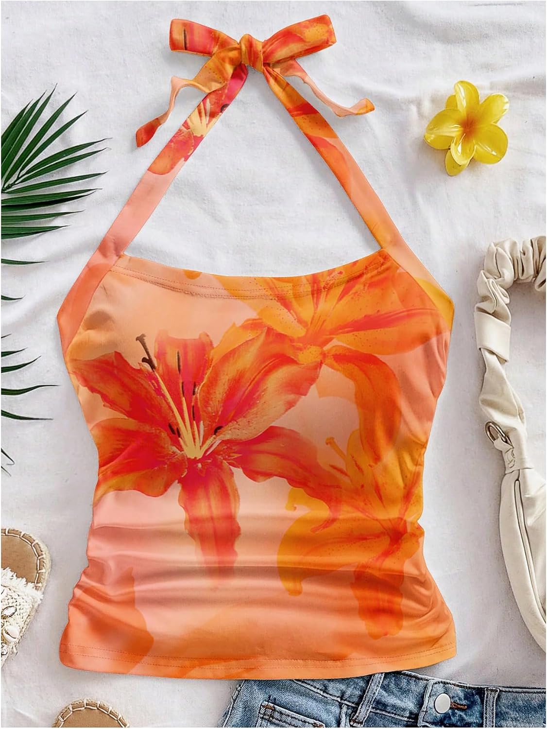WDIRARA Women's Floral Tie Backless Ruched Halter Tops Sleeveless Beach Vacation Crop Top