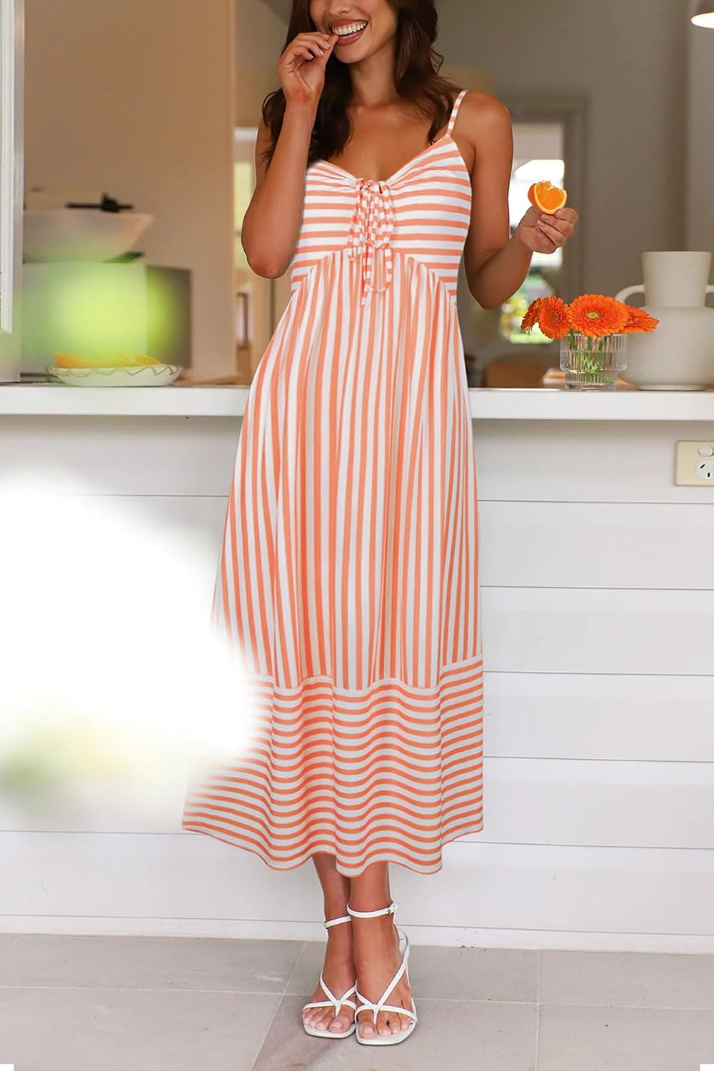 Fashionme 2026 Women Summer Boho Maxi Dresses Vacation Beach with Pockets | Striped,Sleeveless Back Shirred Beach Long Sundresses, A Line Spaghetti Strap,Back Tie V Neck,Trendy,Soft Knit Dress, S-XL