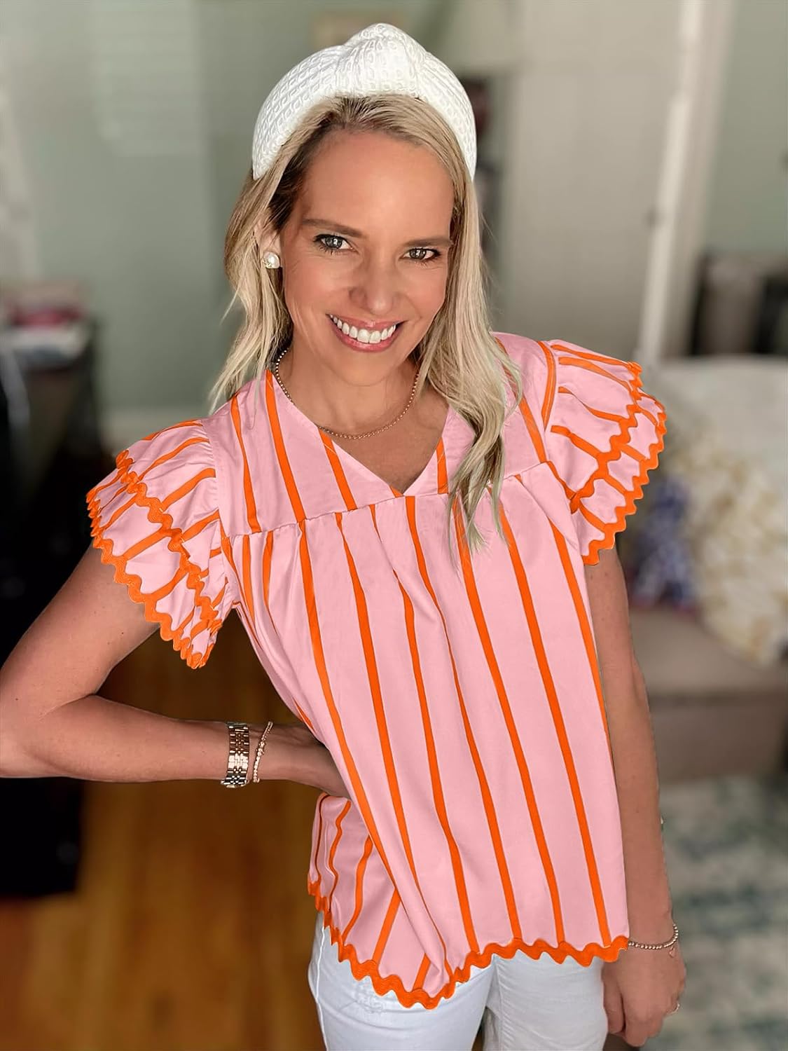 Tankaneo Womens Ruffle Short Sleeve Blouse V Neck Striped Pleated Trim Shirts Summer Casual Loose Fit Tops