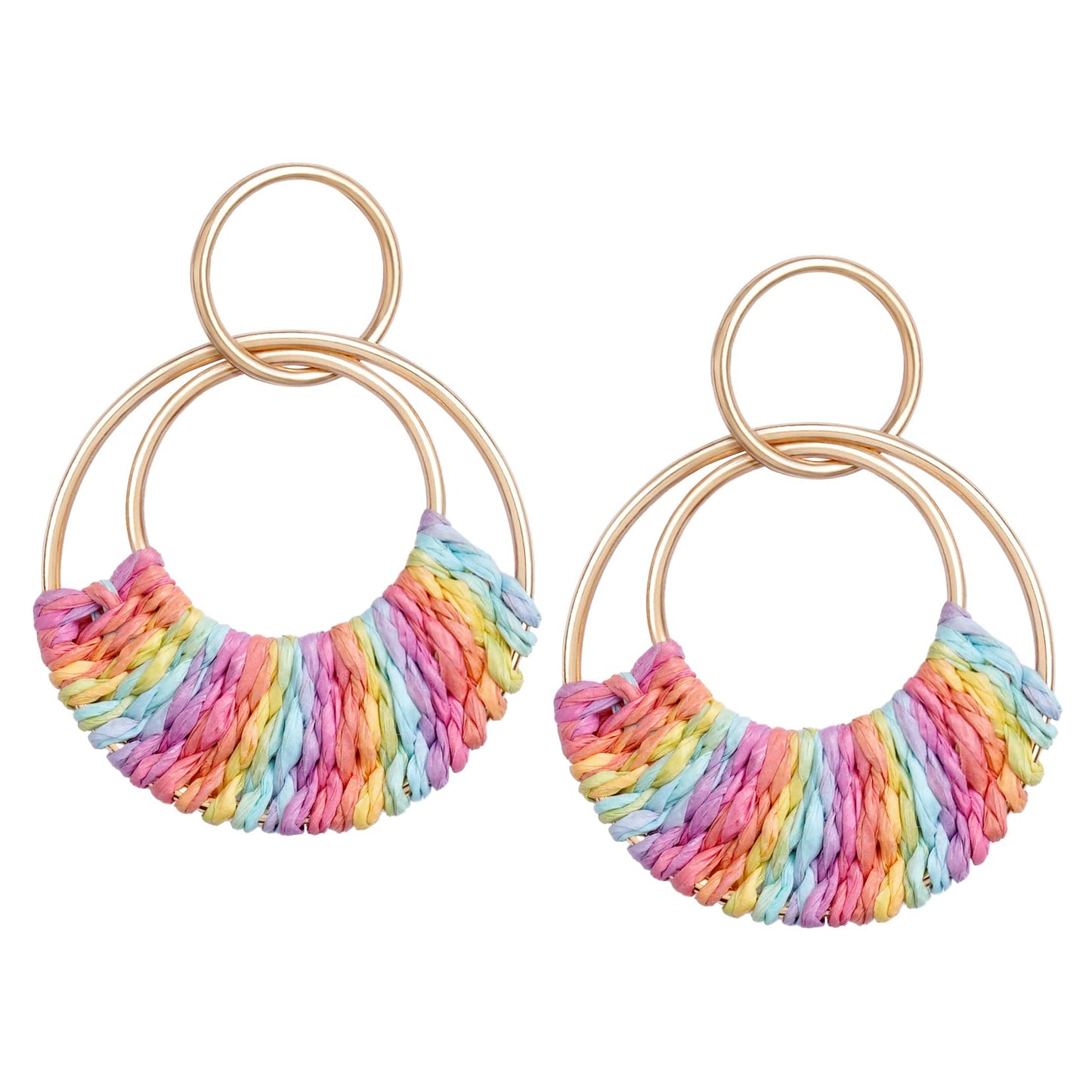 Raffia Hoop Earrings for Women Fun Boho Summer Beach Earrings Lightweight Handmade Straw Wicker Rattan Dangle Earrings Statement Geometric Round Drop Earrings