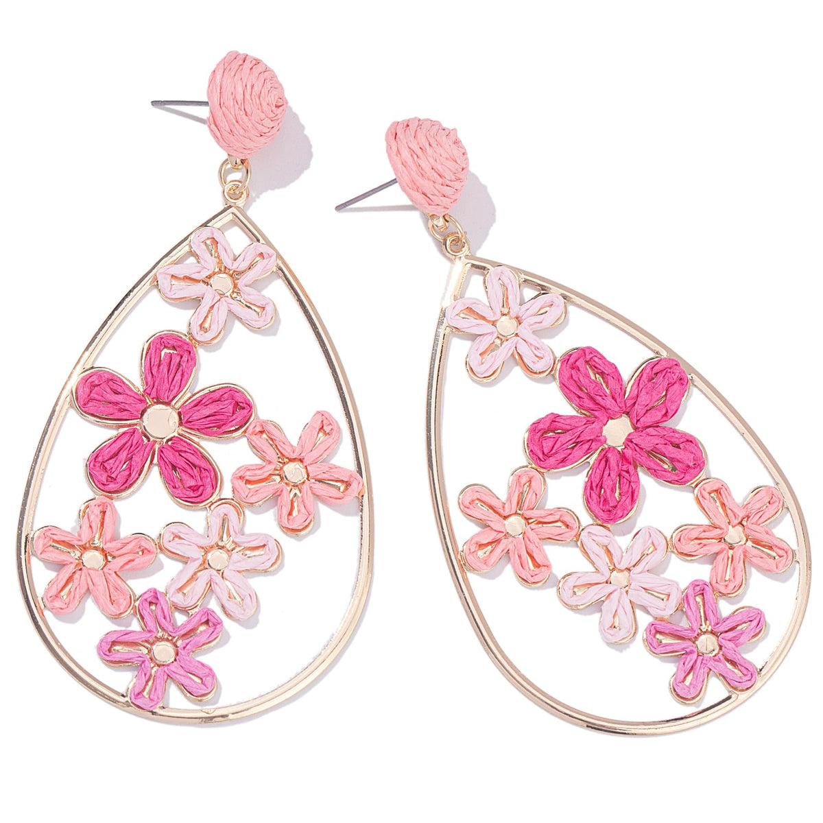 Boho Raffia Flower Teardrop Earrings Cute Colorful Dangle Trendy Jewelry | Floral Drop Statement Big Dangling Earring Hypoallergenic Gold Fun Unique Summer Spring Beach Vacation Outfits for Women
