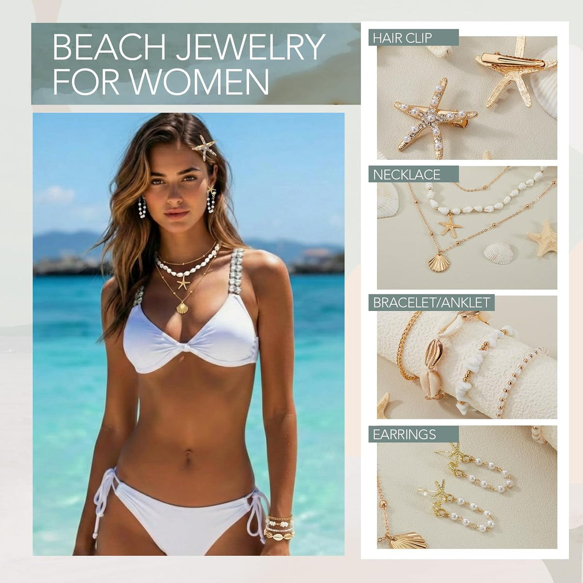 Tondiamo 11 Pcs Shell Starfish Necklace Earring Anklet Pearl Set