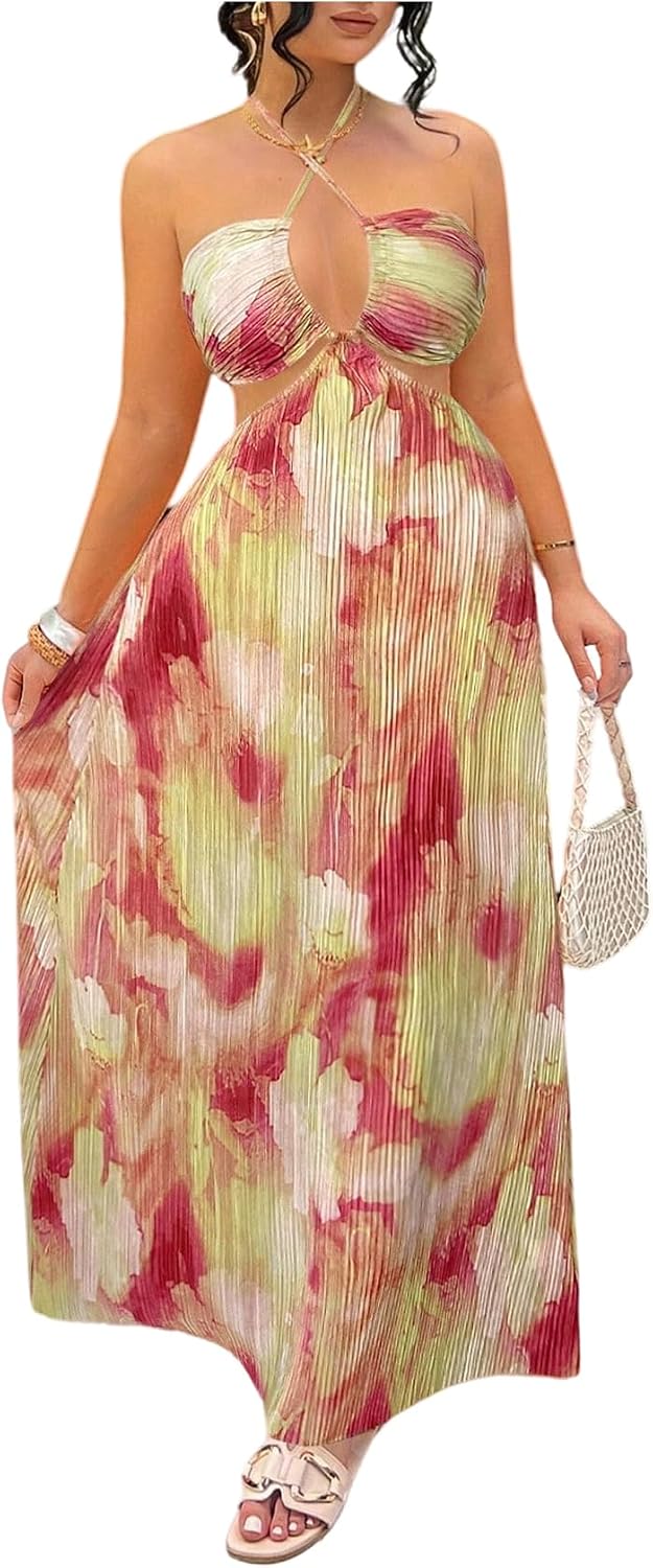 OYOANGLE Women's Summer Halter Long Maxi Dress Sundress | Tie Dye,Pleated ,Vacation Dress,Sleeveless ,Criss Cross Backless,Beach Dress for Women