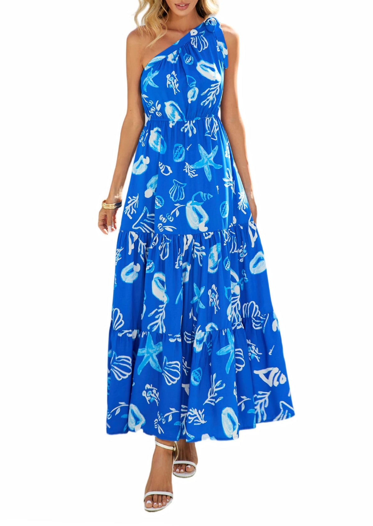 PRETTYGARDEN Women's One Shoulder Boho Floral Maxi Dress | Sleeveless Tiered A Line, Long Flowy Sundress, Tie Knot Summer Vacation Dresses, Spring Wedding Guest Outfits for Beach Party
