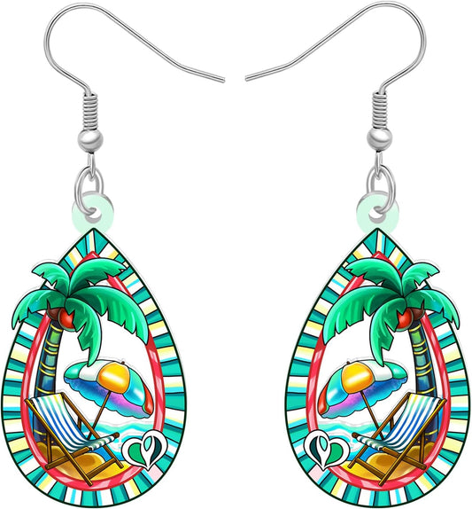 DUOWEI Acrylic Tropical Teardrop Dangle Earrings Beach Gifts for Beach Lovers Women, Hawaiian Palm Tree Statement Beachy Themed Jewelry for Vacation Accessories