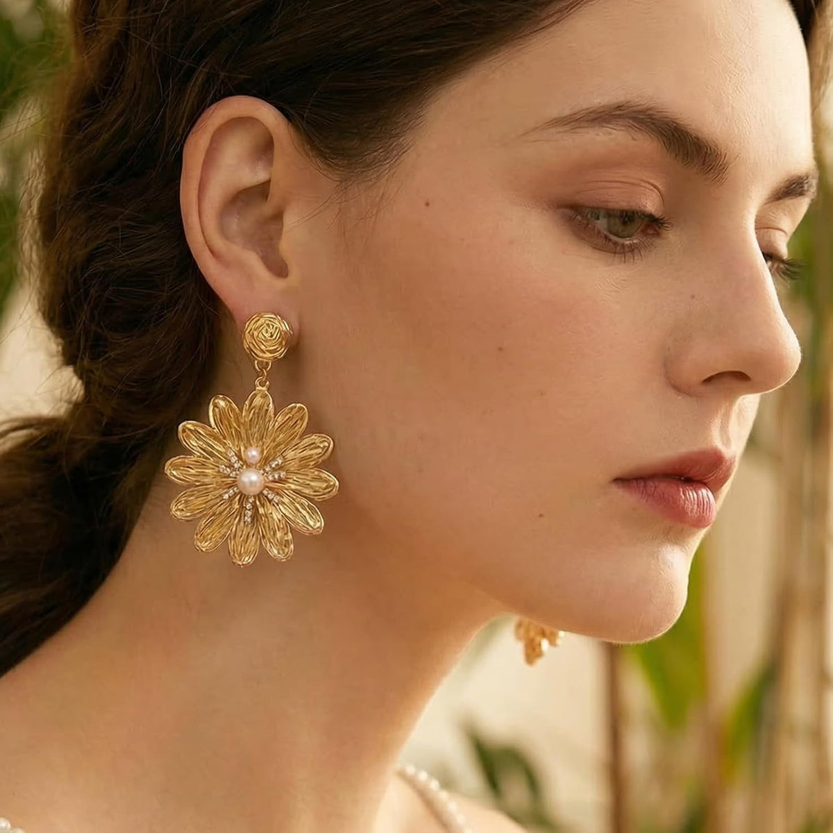 Boho Flower Earrings for Women, Statement Dangle Earrings with Faux Pearl and Rhinestone Accents, Summer Beach Vacation Jewelry Accessories for Party