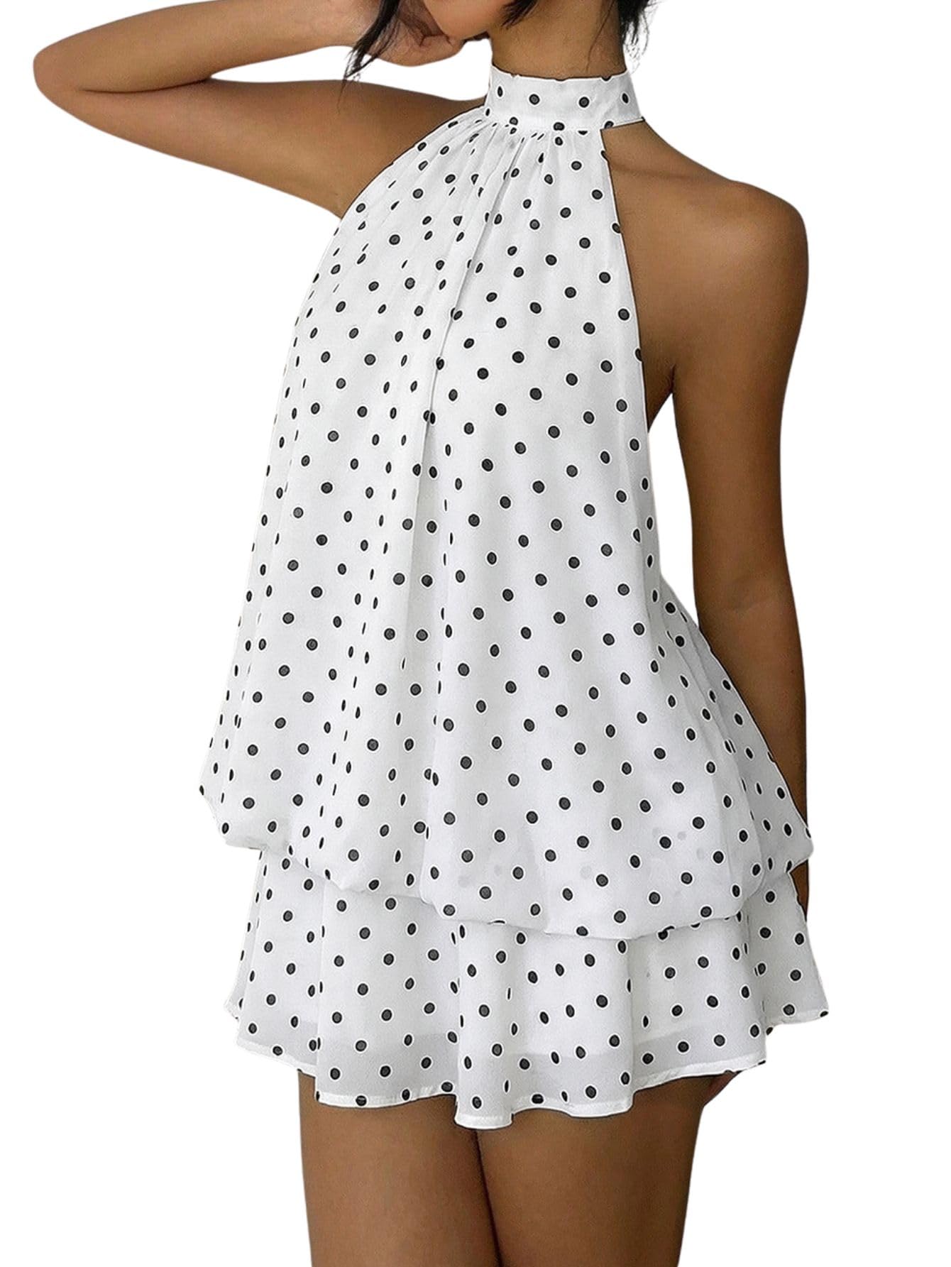 Verdusa Women's Chiffon Halter Drop Waist Flowy Wedding Guest Mini Dresses | Sleeveless, Ruffle Hem, Loose Fit, Brunch Outfits, Birthday, Going Out, Cocktail, Y2k