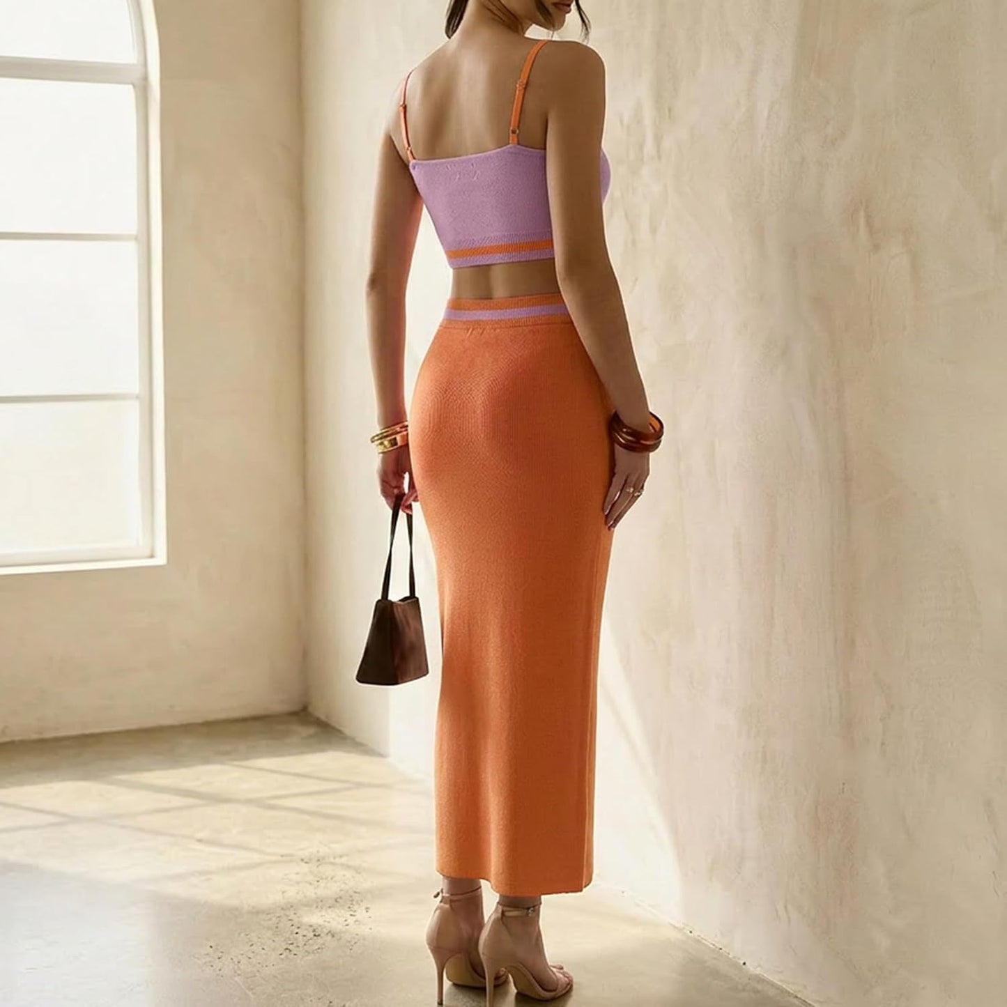 Skirt Sets Women 2 Piece Outfits Dressy Summer Knit Cami Top High Slit Skirt Set for Vacation Brunch and Going Out