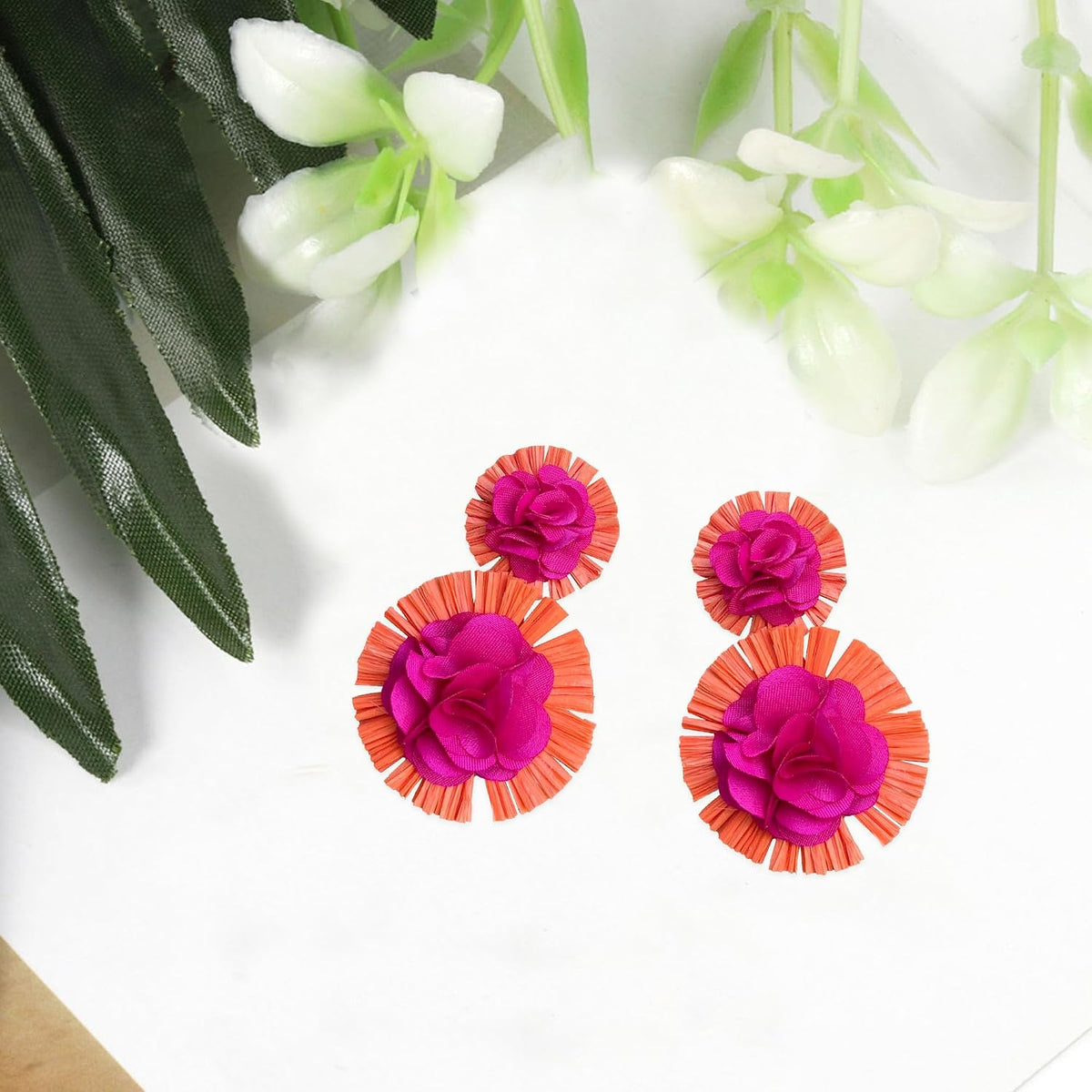 Raffia Flower Earrings Raffia Straw Wrapped Hot Pink Flower Drop Dangle Earrings Summer Tropical Beach Jewelry