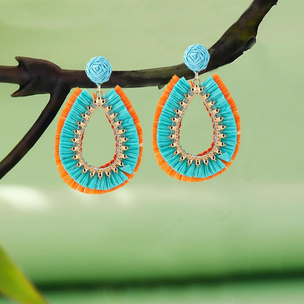 Handmade Raffia Rattan Boho Teardrop Dangle Earrings for Women Colorful Straw Wrap Summer Earrings for Summer Beach Vacation Accessories
