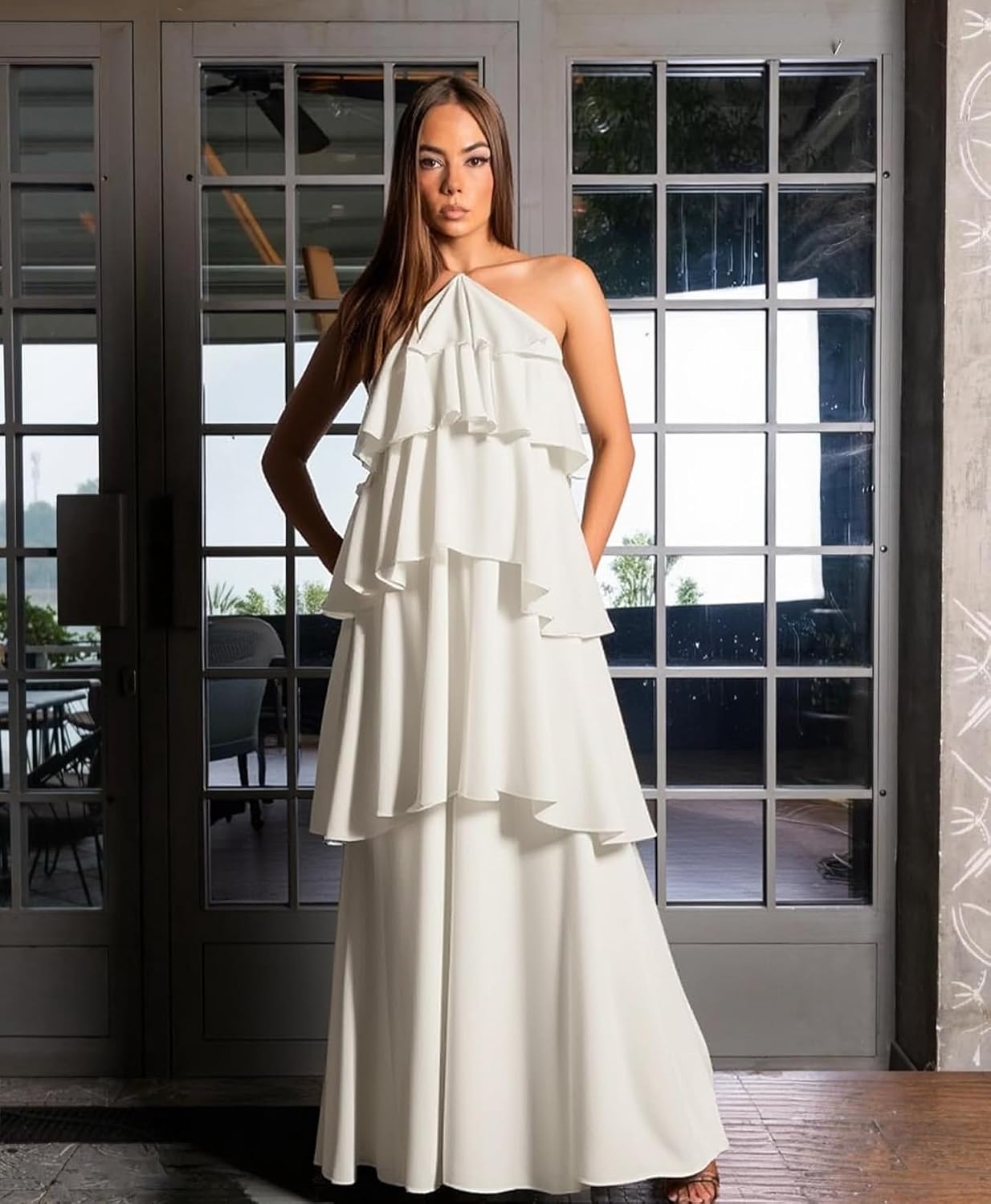 Chiffon Halter Bridesmaid Dresses for Women A Line Tiered Ruffle Long Formal Evening Gown