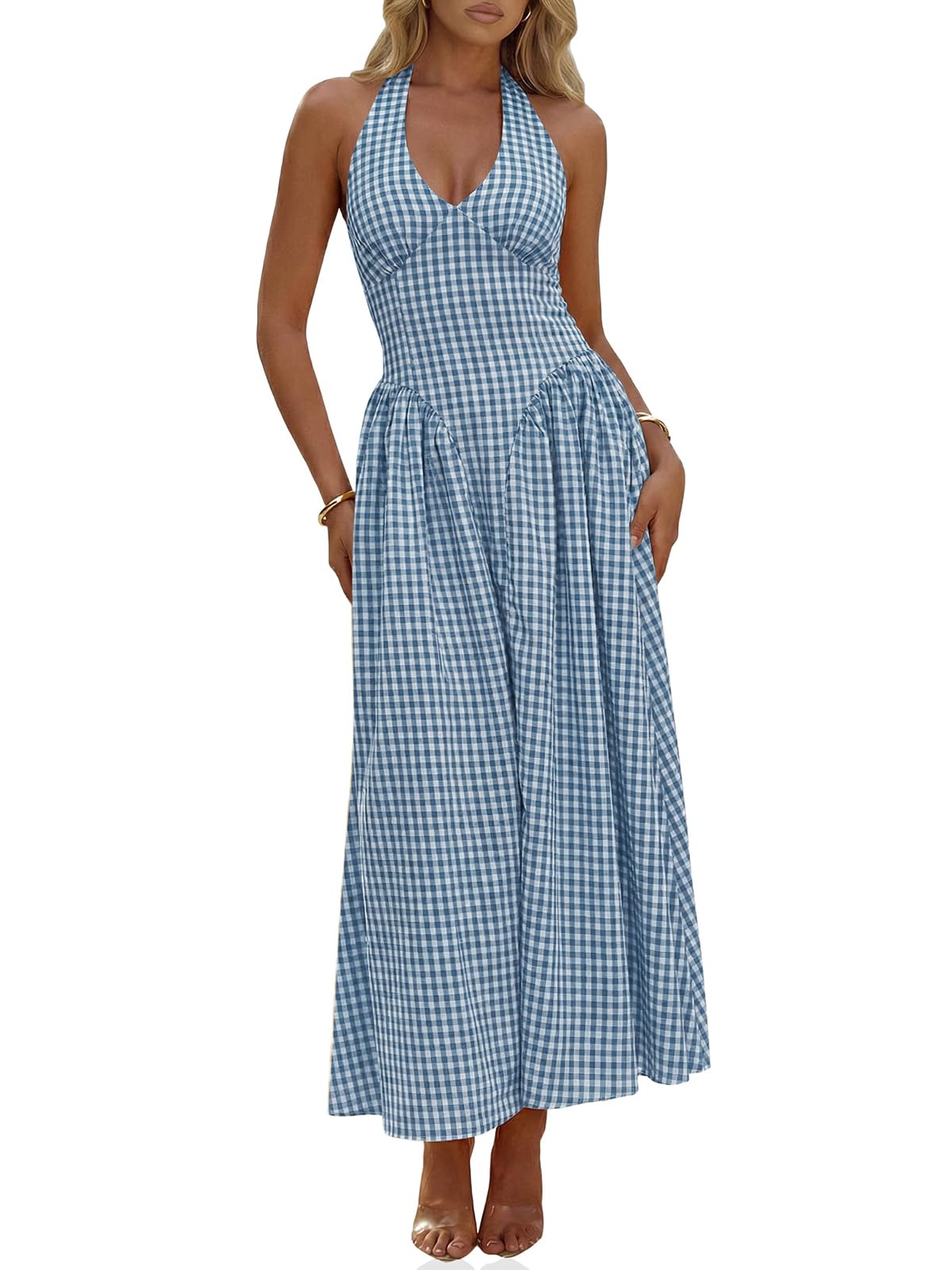 Wenrine Womens Halter V Neck Corset Maxi Dresses Summer Plaid Smocked Dress | Tie Back, Backless, Wedding Guest, Drop Waist, Sleeveless, Gingham, Pleated, Long dress with Pockets