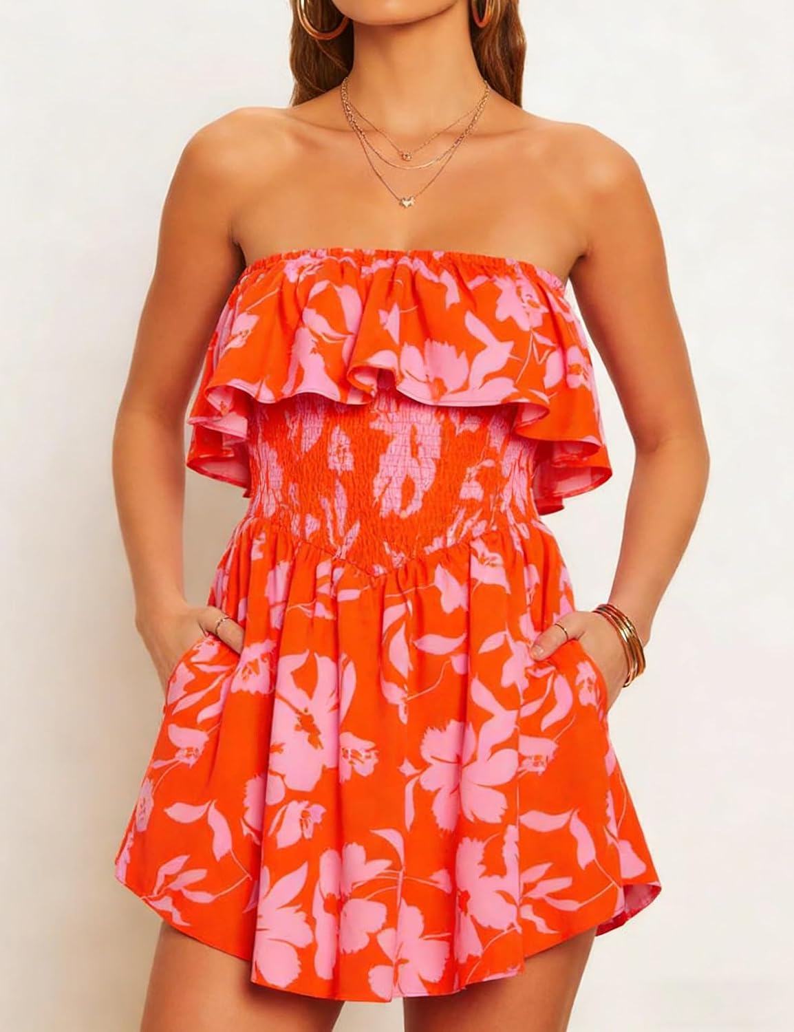 AIMCOO Women's Rompers Summer Strapless Floral Print Off Shoulder Boho Flowy Ruffle Hem Shorts Jumpsuit with Pocket