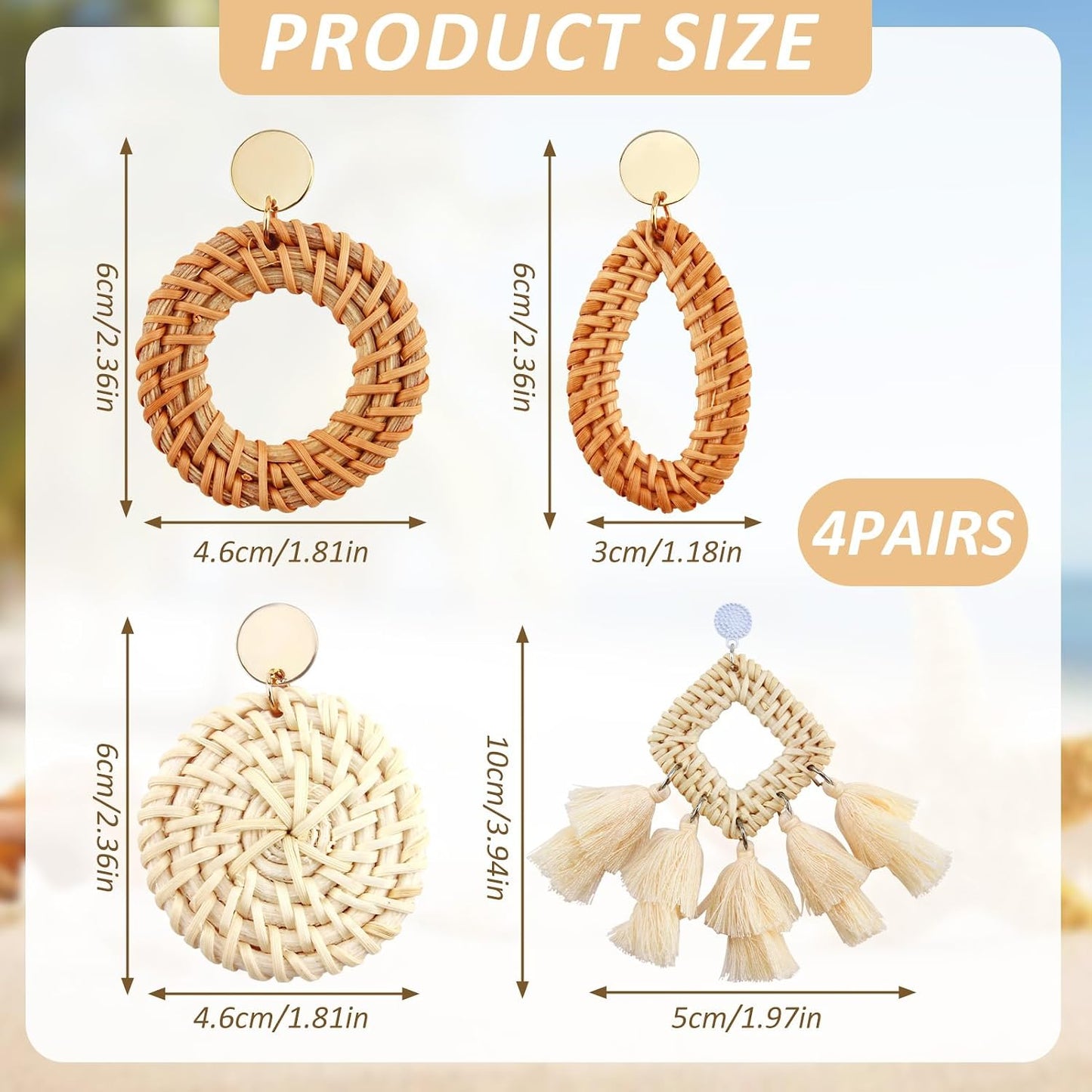 4 Pairs Rattan Tassel Earrings,Rattan For Women Beach Vacation Essentials | Boho Statement Lightweight Geometric Statement Hoop Earrings Set,For Daily Wearing,Date,Prom
