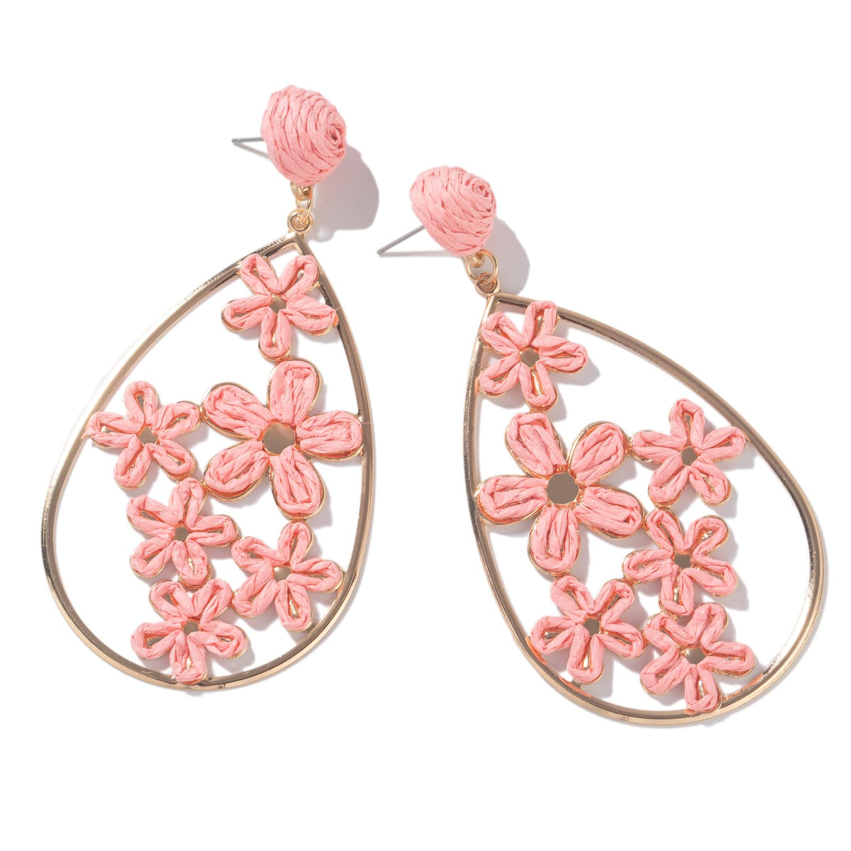 Boho Raffia Flower Teardrop Earrings Cute Colorful Dangle Trendy Jewelry | Floral Drop Statement Big Dangling Earring Hypoallergenic Gold Fun Unique Summer Spring Beach Vacation Outfits for Women