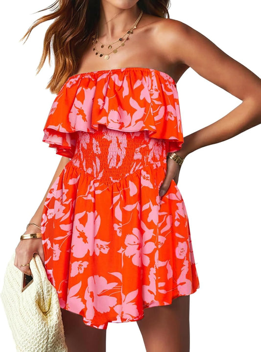 AIMCOO Women's Rompers Summer Strapless Floral Print Off Shoulder Boho Flowy Ruffle Hem Shorts Jumpsuit with Pocket