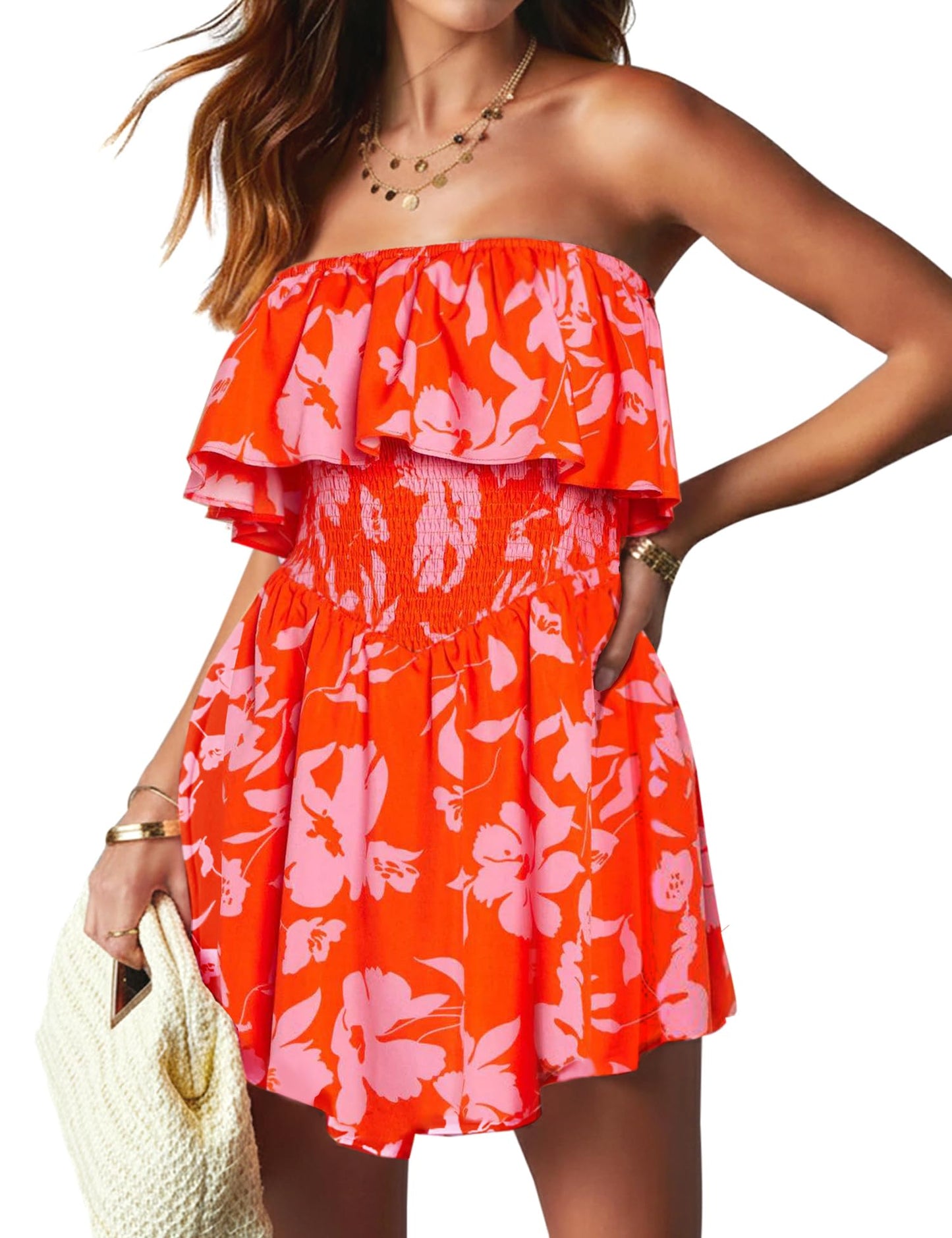 AIMCOO Women's Rompers Summer Strapless Floral Print Off Shoulder Boho Flowy Ruffle Hem Shorts Jumpsuit with Pocket