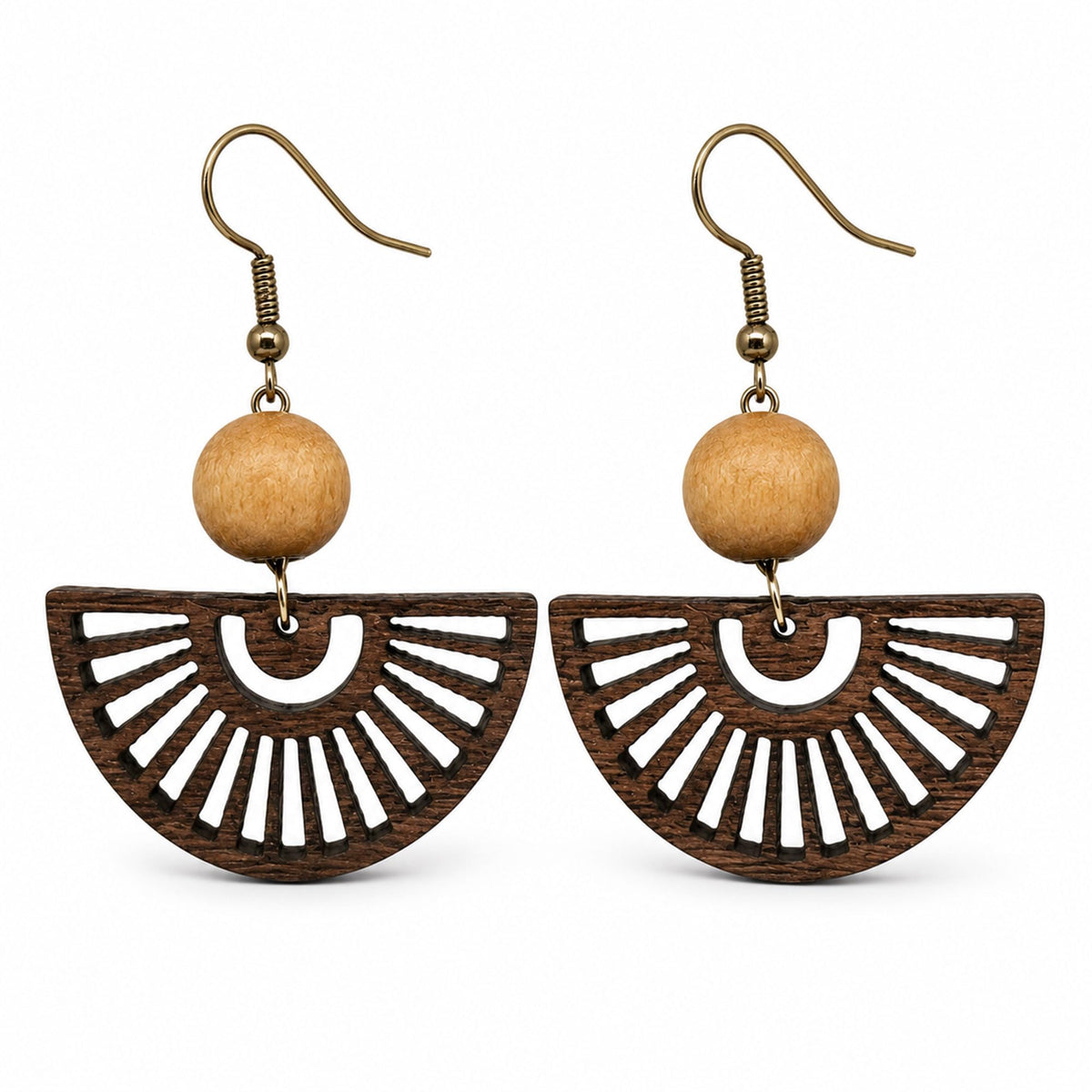 Brown Wooden Boho Dangle Earrings for Women, African Earrings | Lightweight Wooden Statement Earrings with Raffia Accents and African Boho Style for Summer Vacation and Everyday Wear