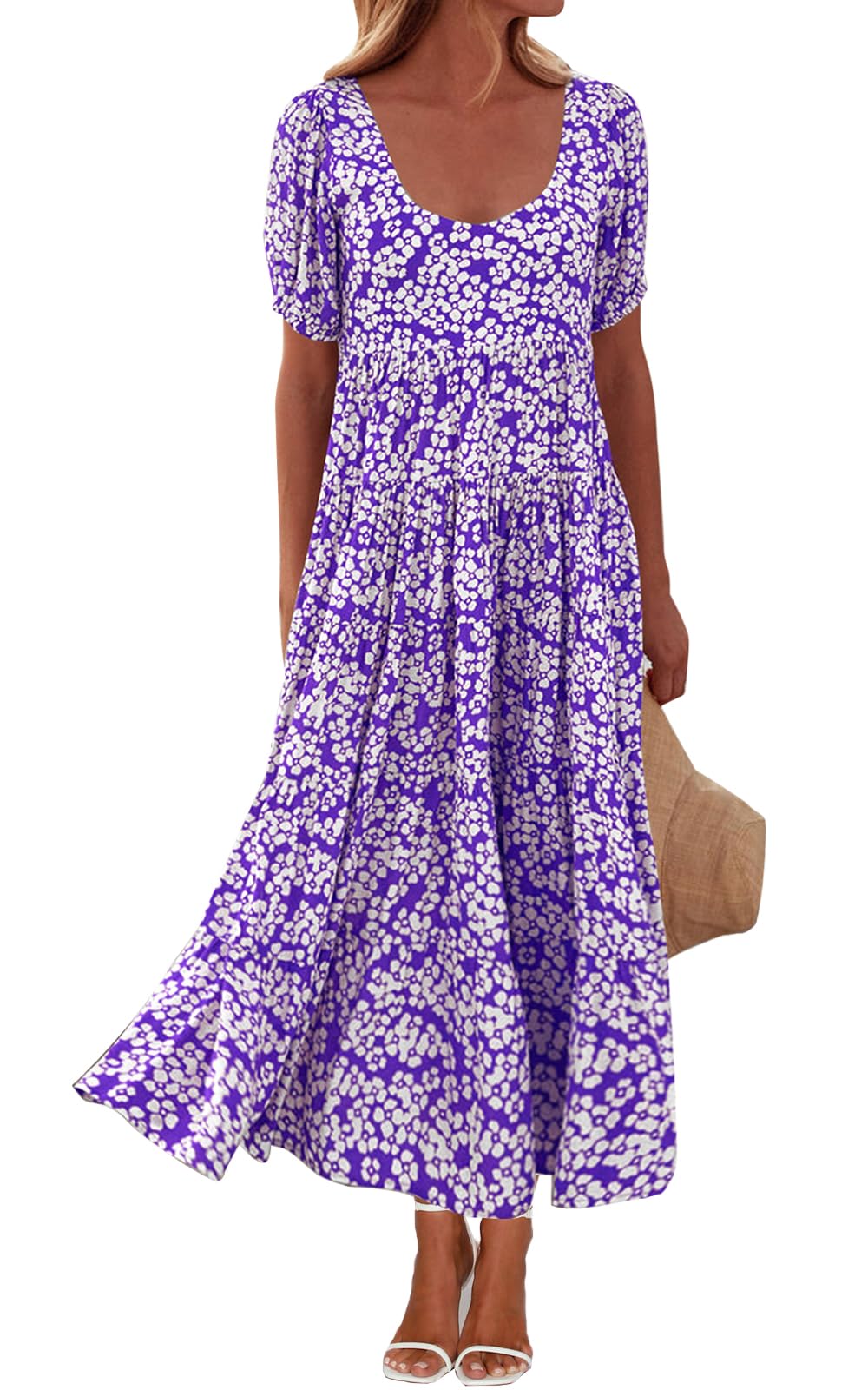 PRETTYGARDEN Puff Short Sleeve Cewneck Floral Long Fall Dresses for Women 2025 Flowy Tiered Hem Maxi Wedding Guest Dress