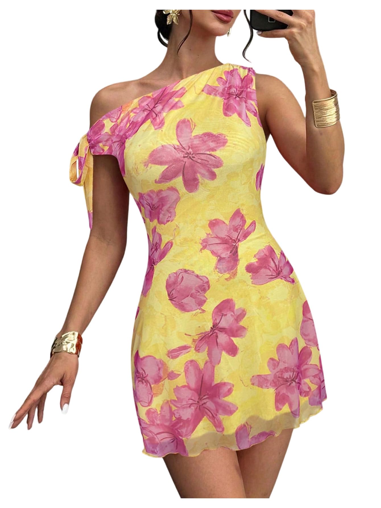 GORGLITTER Women's One Shoulder Wedding Guest Cocktail Mini Dresses | Orange Vacation Beach Sunset Dress, Floral Short Dress, Brunch Outfits, Asymmetrical Dresses