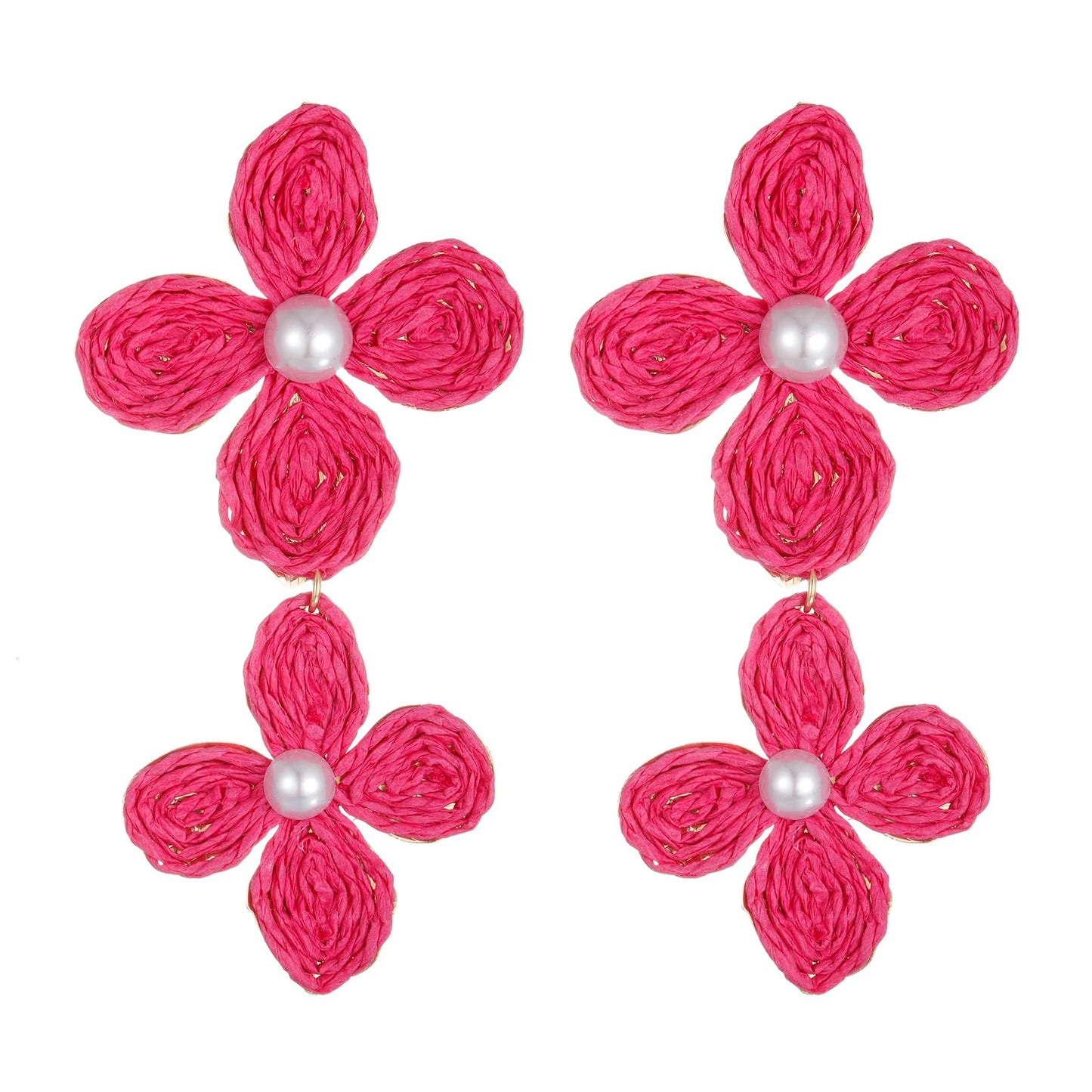 RUOFFETA Raffia Flower Earrings, Raffia Straw Wrapped Flower Drop Dangle Earrings Summer Tropical Beach Jewelry