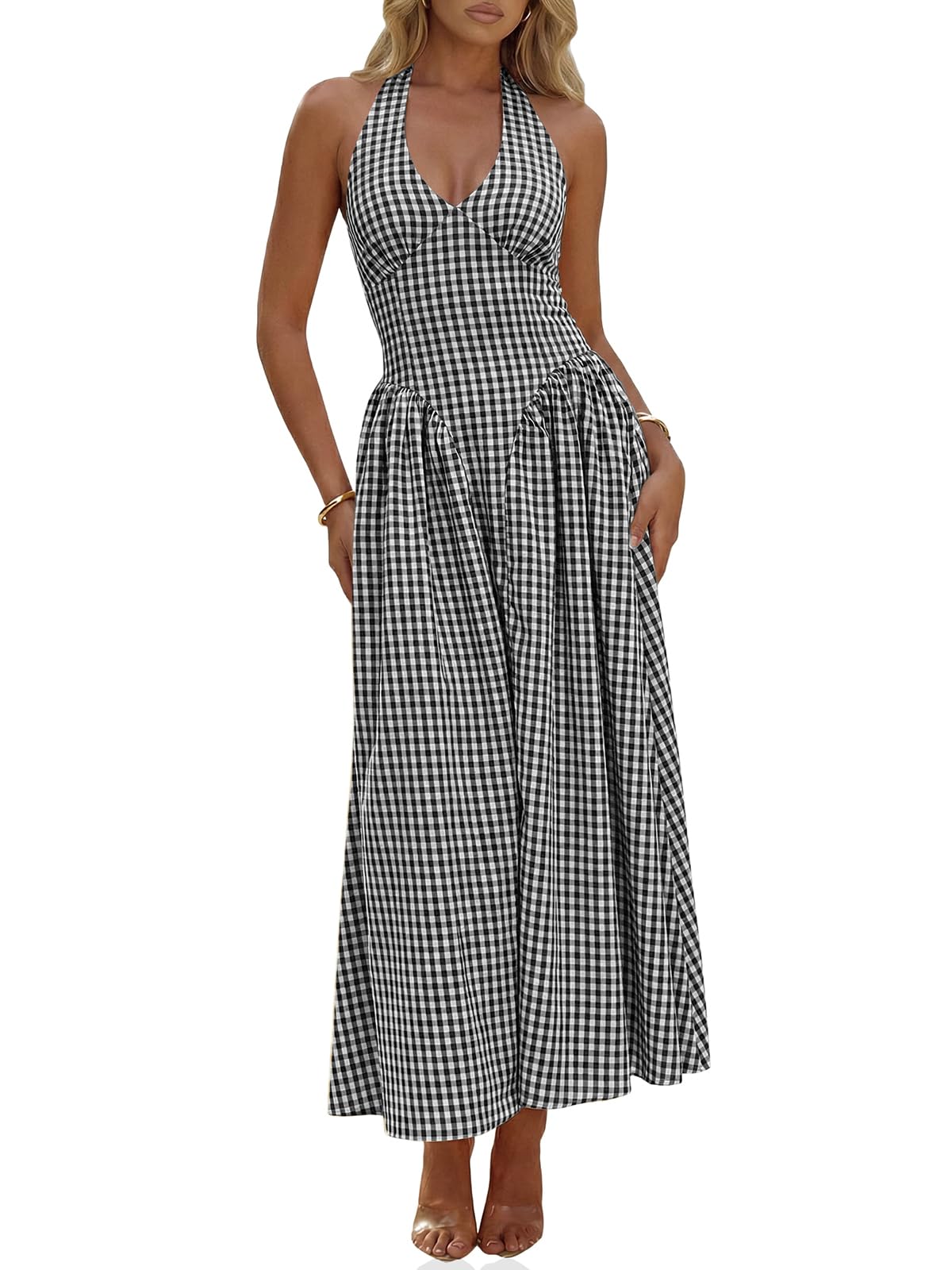 Wenrine Womens Halter V Neck Corset Maxi Dresses Summer Plaid Smocked Dress | Tie Back, Backless, Wedding Guest, Drop Waist, Sleeveless, Gingham, Pleated, Long dress with Pockets
