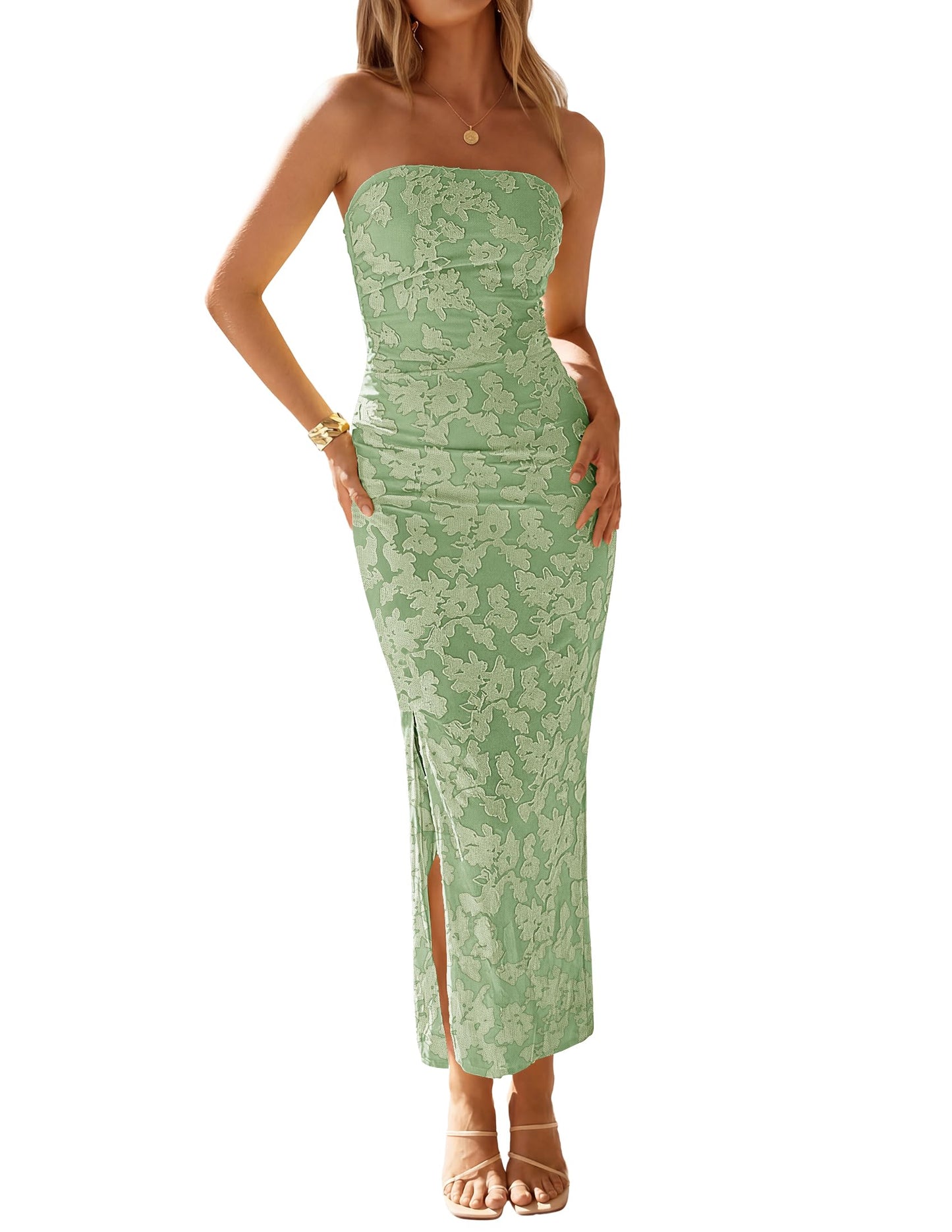 ZESICA Womens Summer Strapless Floral Bodycon Ruched Slit Maxi Formal Dress | Off Shoulder Mesh Casual Long Sundress, Elegant Sexy Dinner Dress, Beach Vacation Dress, Wedding Guest Cocktail Party Dress