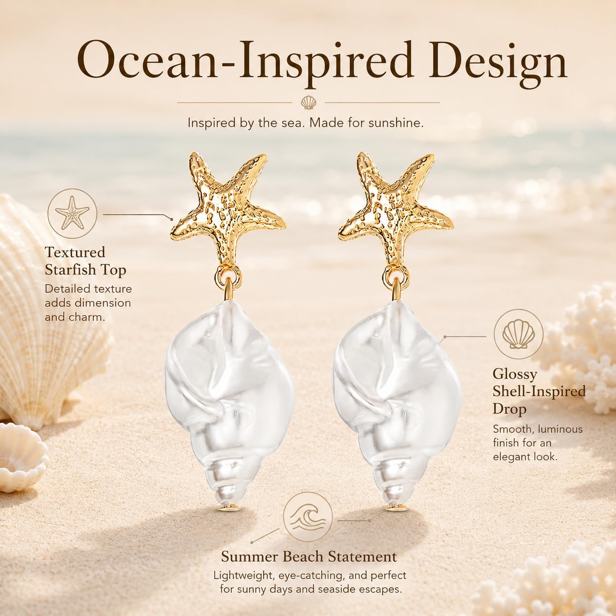 Starfish Earrings for Women Vacation Earrings Gold Pearl Sea Shell Dangle Beach Summer Ocean Jewelry Gifts Coastal Style