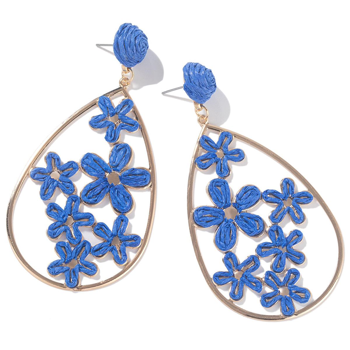 Boho Raffia Flower Teardrop Earrings Cute Colorful Dangle Trendy Jewelry | Floral Drop Statement Big Dangling Earring Hypoallergenic Gold Fun Unique Summer Spring Beach Vacation Outfits for Women
