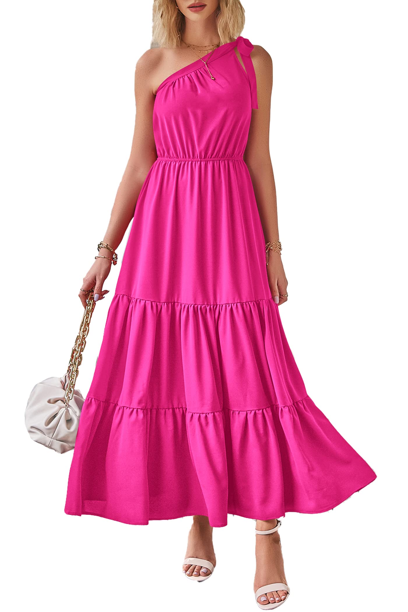 PRETTYGARDEN Women's One Shoulder Boho Floral Maxi Dress | Sleeveless Tiered A Line, Long Flowy Sundress, Tie Knot Summer Vacation Dresses, Spring Wedding Guest Outfits for Beach Party