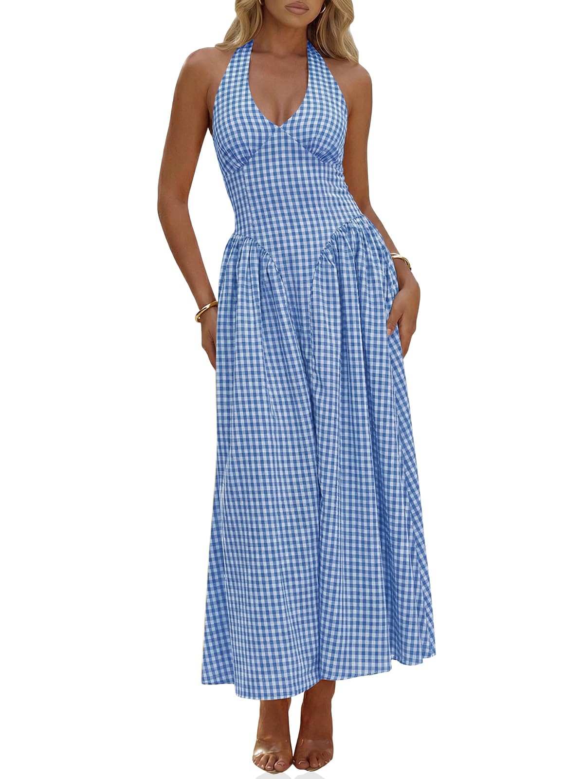 Wenrine Womens Halter V Neck Corset Maxi Dresses Summer Plaid Smocked Dress | Tie Back, Backless, Wedding Guest, Drop Waist, Sleeveless, Gingham, Pleated, Long dress with Pockets