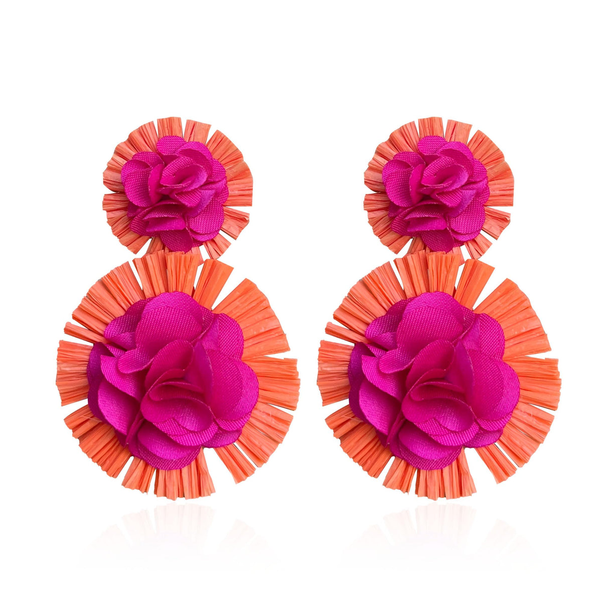 Hawaiian Vibrant Rattan Flower Statement Drop Earrings | Boho Lightweight Cute and Fun Big Raffia Straw Wrapped Floral Dangle Earrings for Women Tropical Sea Vacation Beachy Jewelry