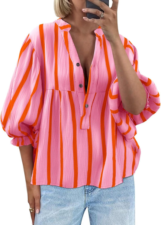 Tankaneo Womens Puff Sleeve Summer Babydoll Tops Cute V Neck Striped Blouse | Casual, Loose Fit, Flowy Shirts, Button, Boho, Work, Dressy, Peplum Blouses