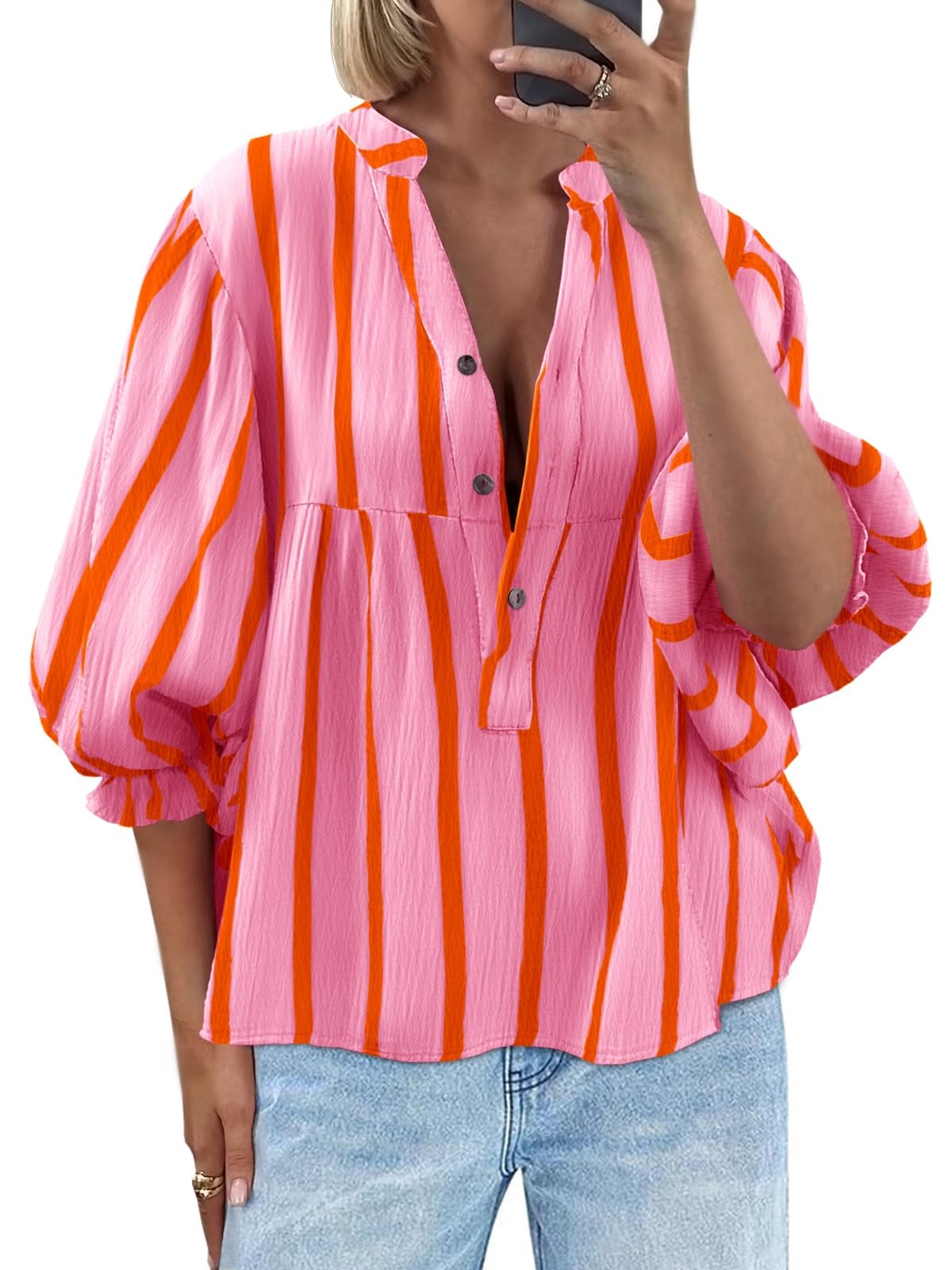 Tankaneo Womens Puff Sleeve Summer Babydoll Tops Cute V Neck Striped Blouse | Casual, Loose Fit, Flowy Shirts, Button, Boho, Work, Dressy, Peplum Blouses