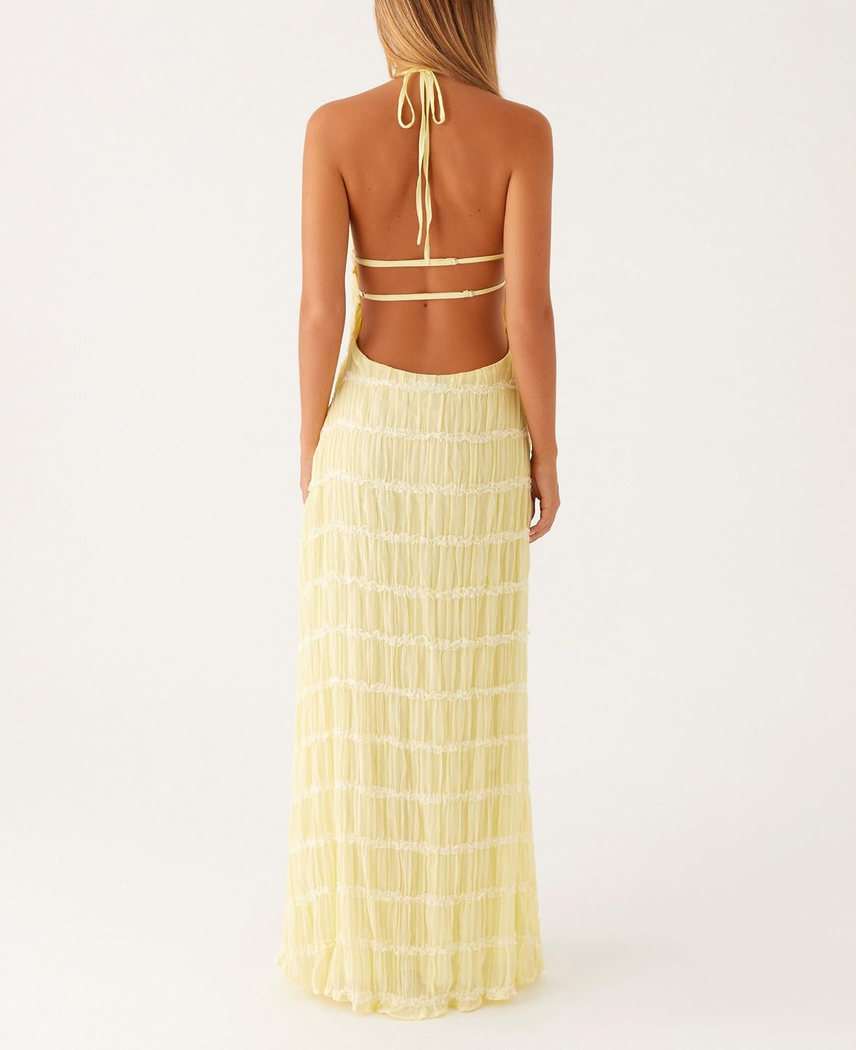 Women Halter Flowy Vacation Long Dress Sexy Sheer Ruched Backless Dress Y2k Sleeveless Beach Tiered Maxi Sundresses