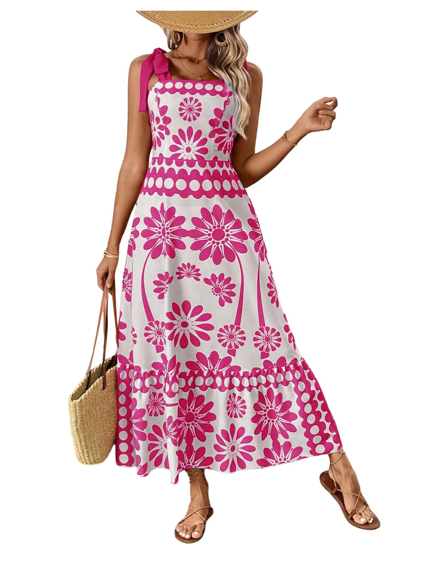 Floerns Women's Vintage Sleeveless Tie Shoulder Sundress Floral Print Cami Maxi Dress